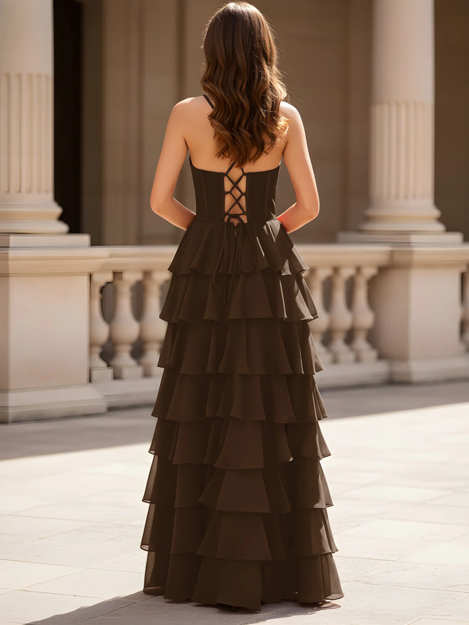 Sweetheart Neck A-Line Tiered Chiffon Slit Dress Brown - Image 2
