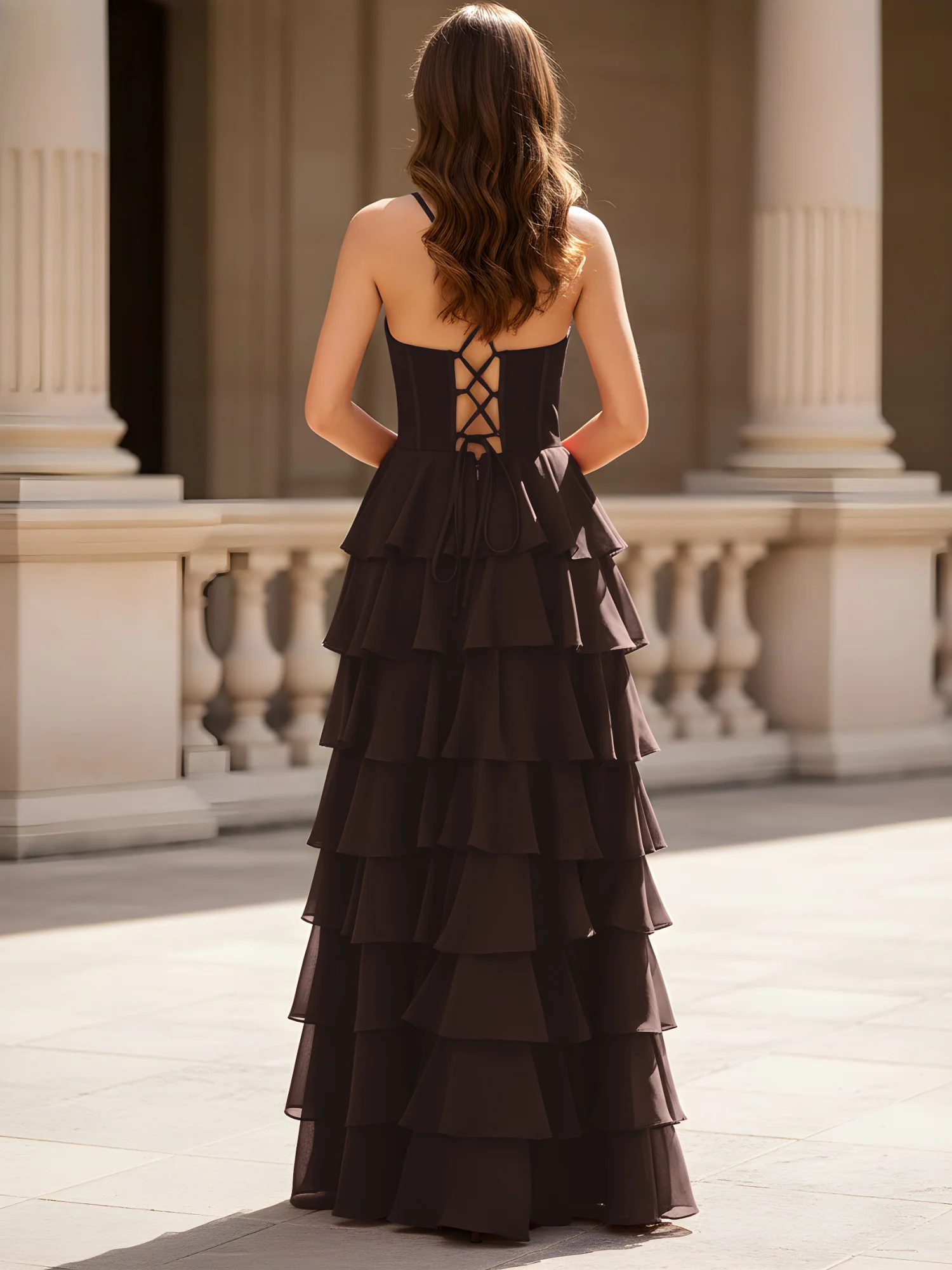 Sweetheart Neck A-Line Tiered Chiffon Slit Dress Chocolate - Image 2