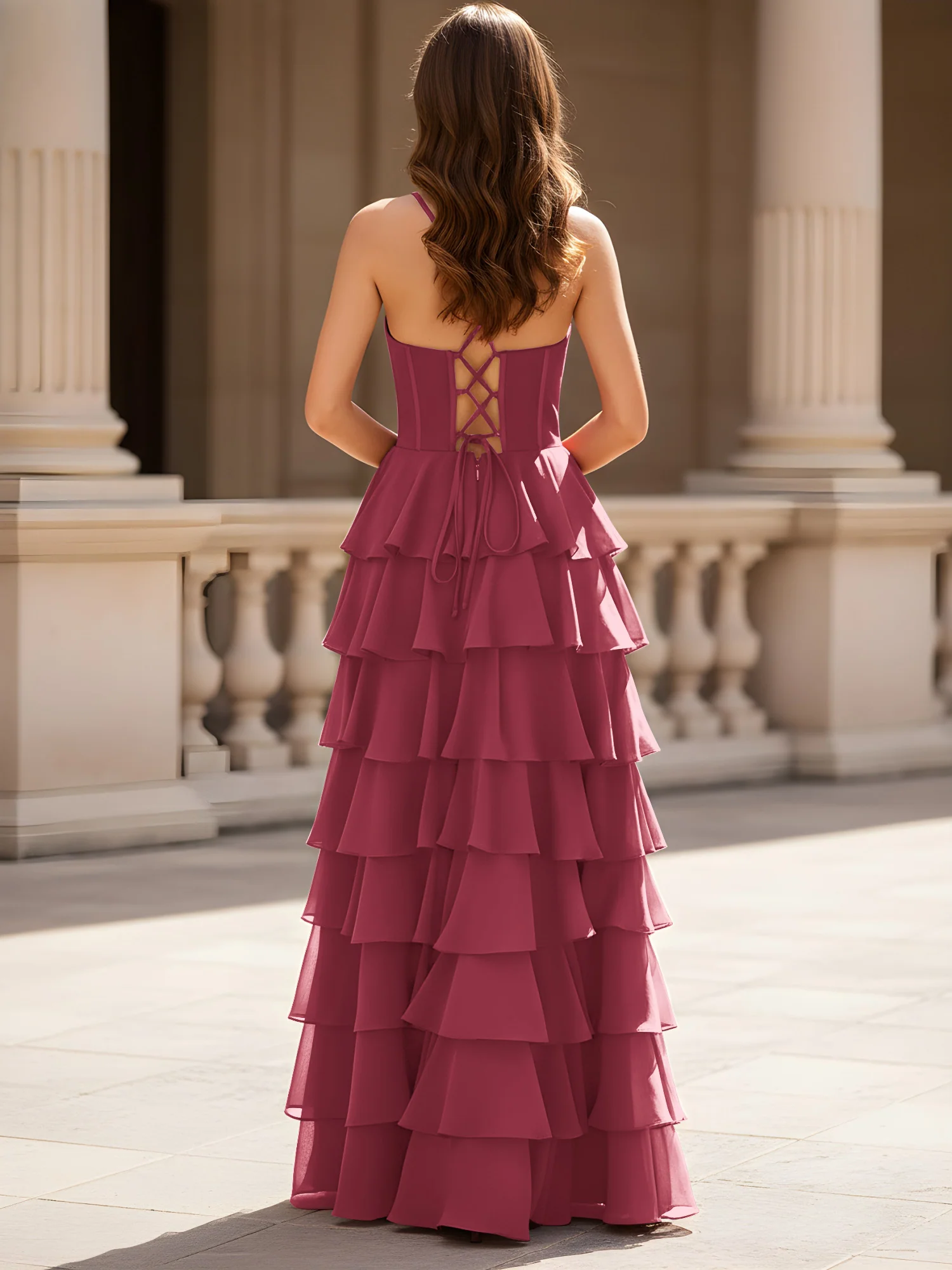 Sweetheart Neck A-Line Tiered Chiffon Slit Dress Cinnamon Rose - Image 2
