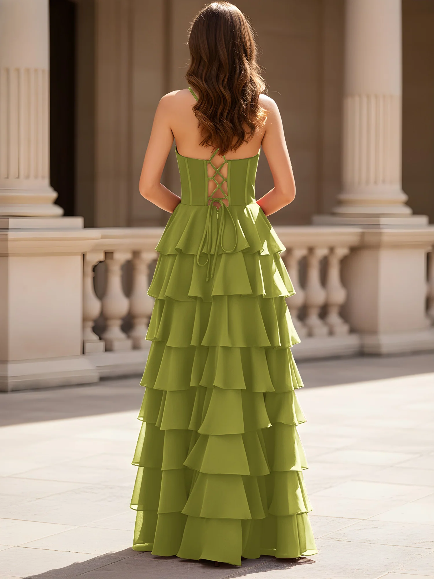 Sweetheart Neck A-Line Tiered Chiffon Slit Dress Clover - Image 2