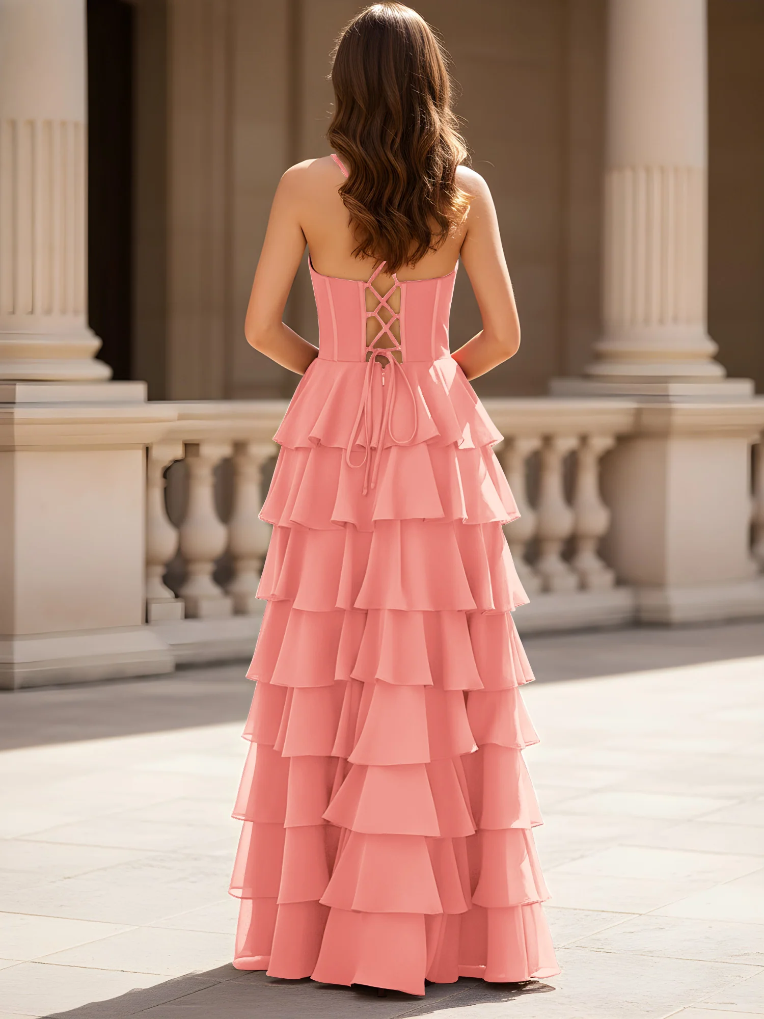 Sweetheart Neck A-Line Tiered Chiffon Slit Dress Coral - Image 2