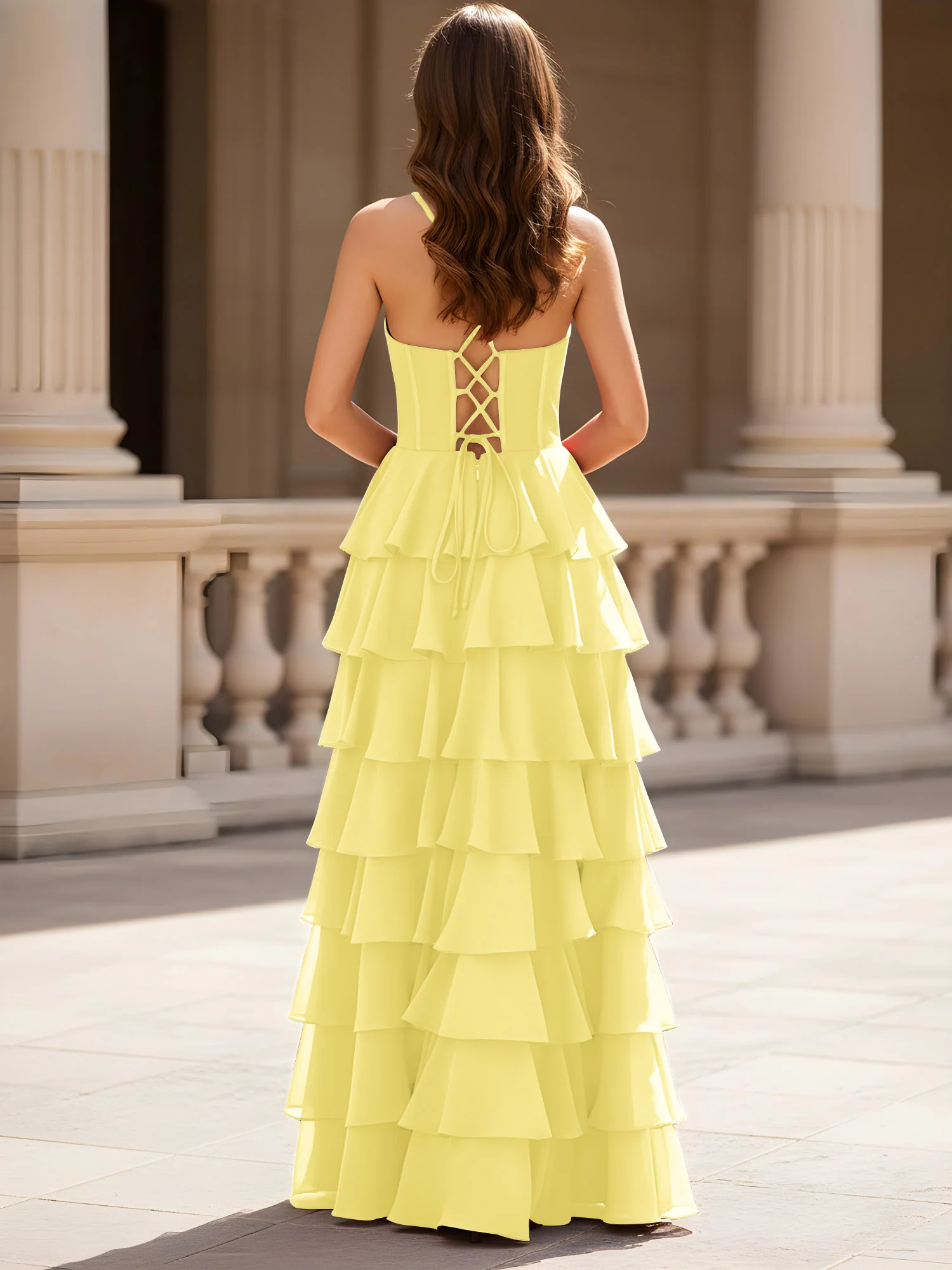 Sweetheart Neck A-Line Tiered Chiffon Slit Dress Daffodil - Image 2