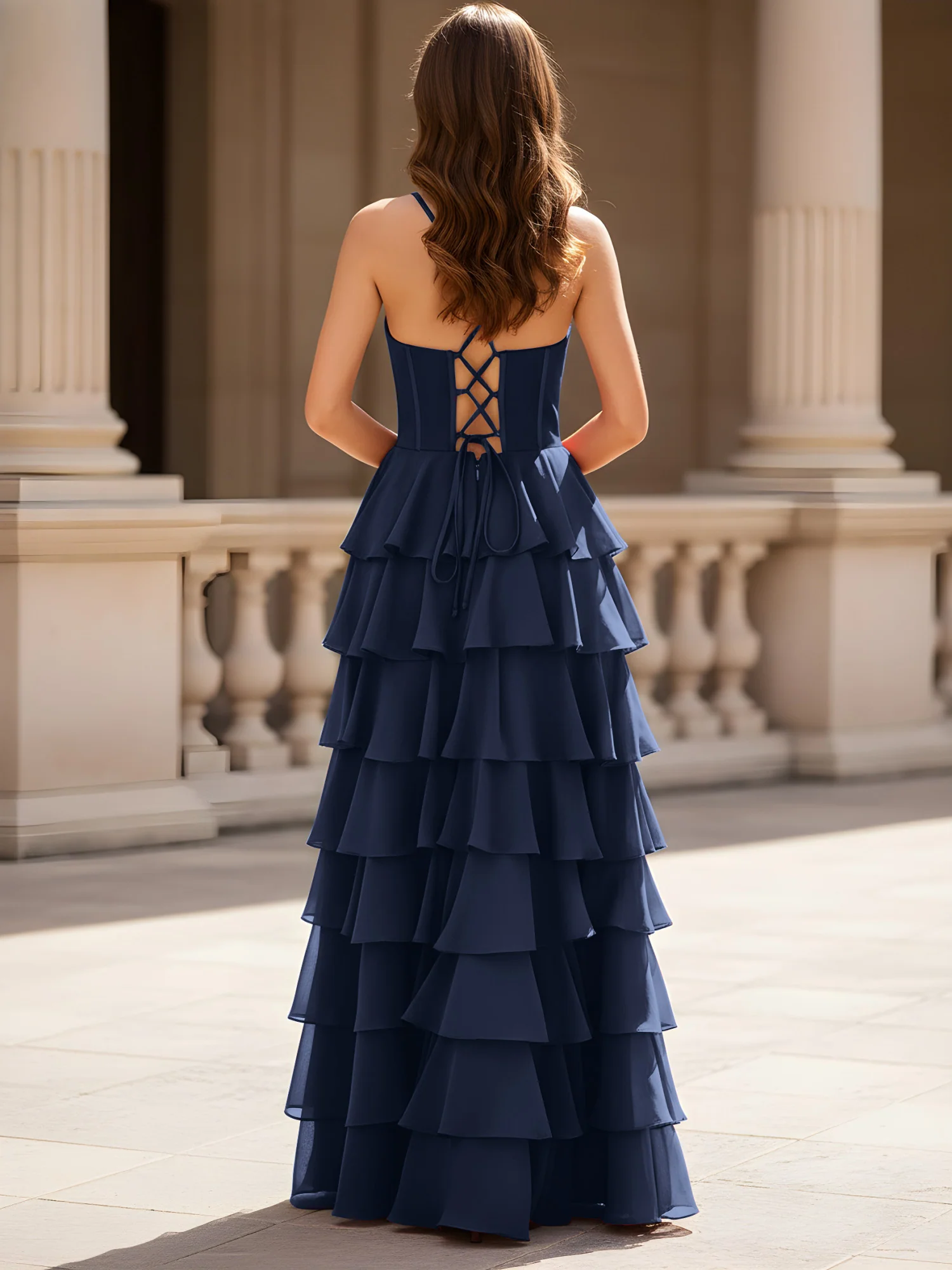 Sweetheart Neck A-Line Tiered Chiffon Slit Dress Dark Navy - Image 2