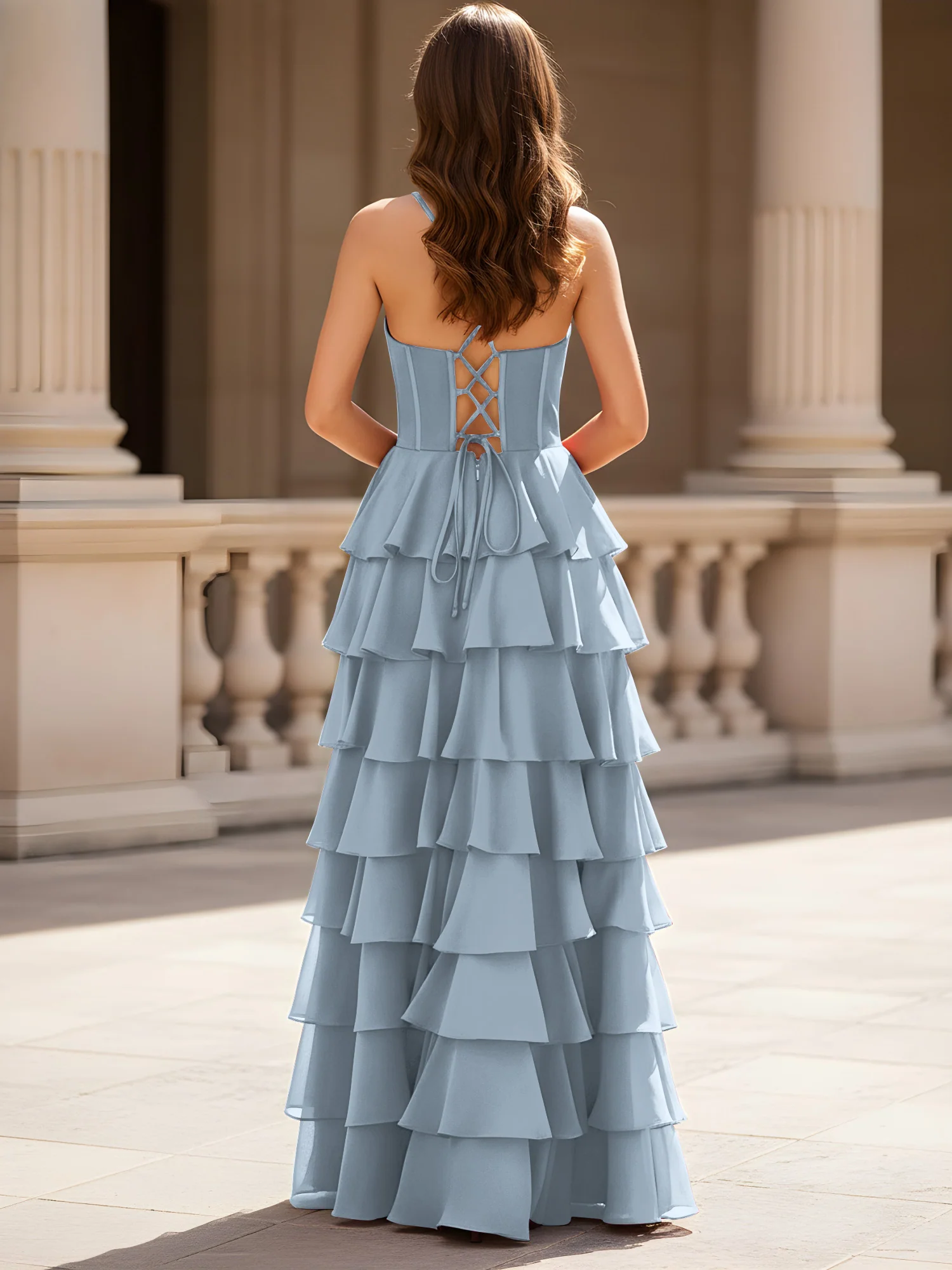 Sweetheart Neck A-Line Tiered Chiffon Slit Dress Dusty Blue - Image 2