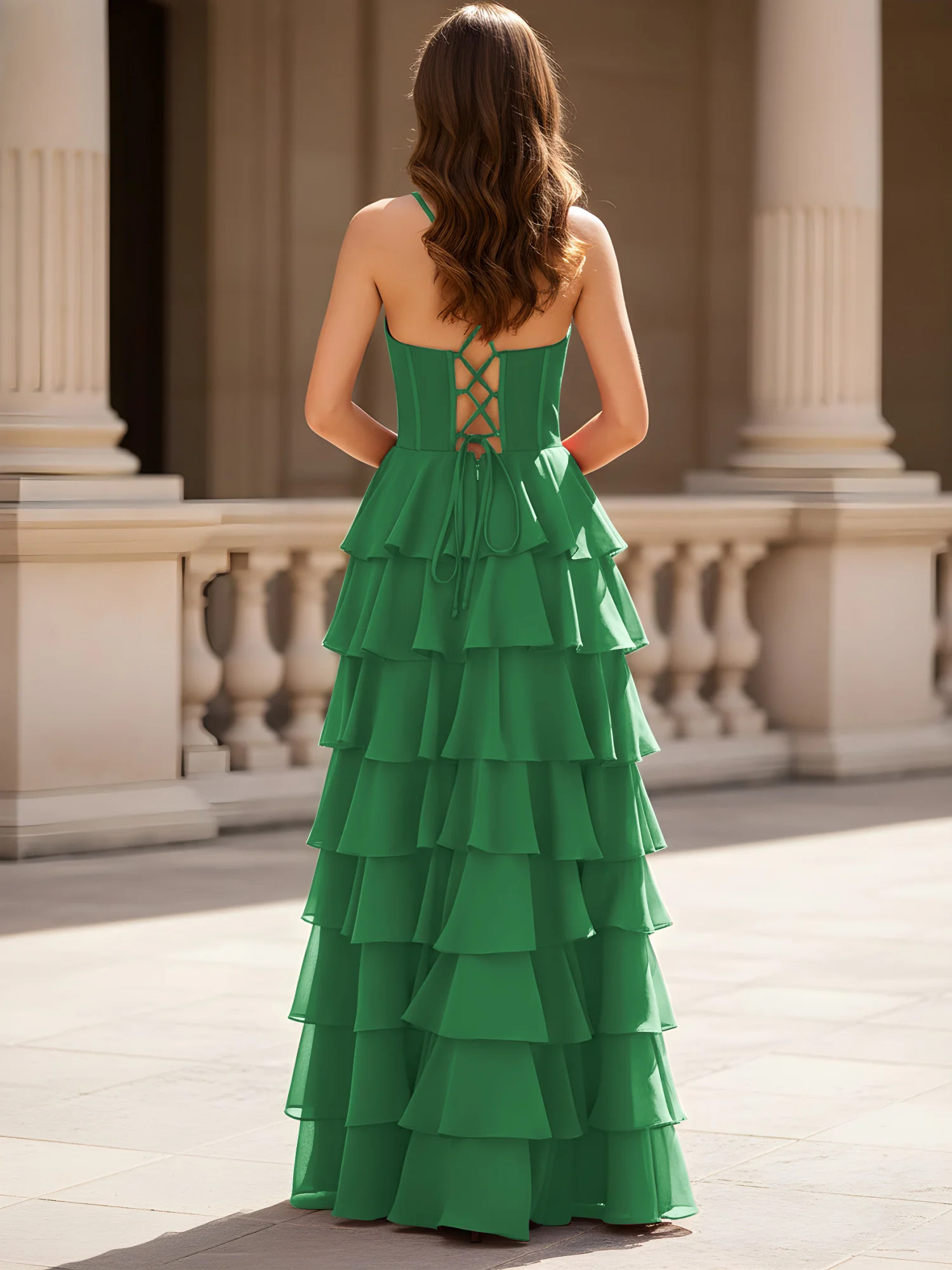 Sweetheart Neck A-Line Tiered Chiffon Slit Dress Emerald - Image 2