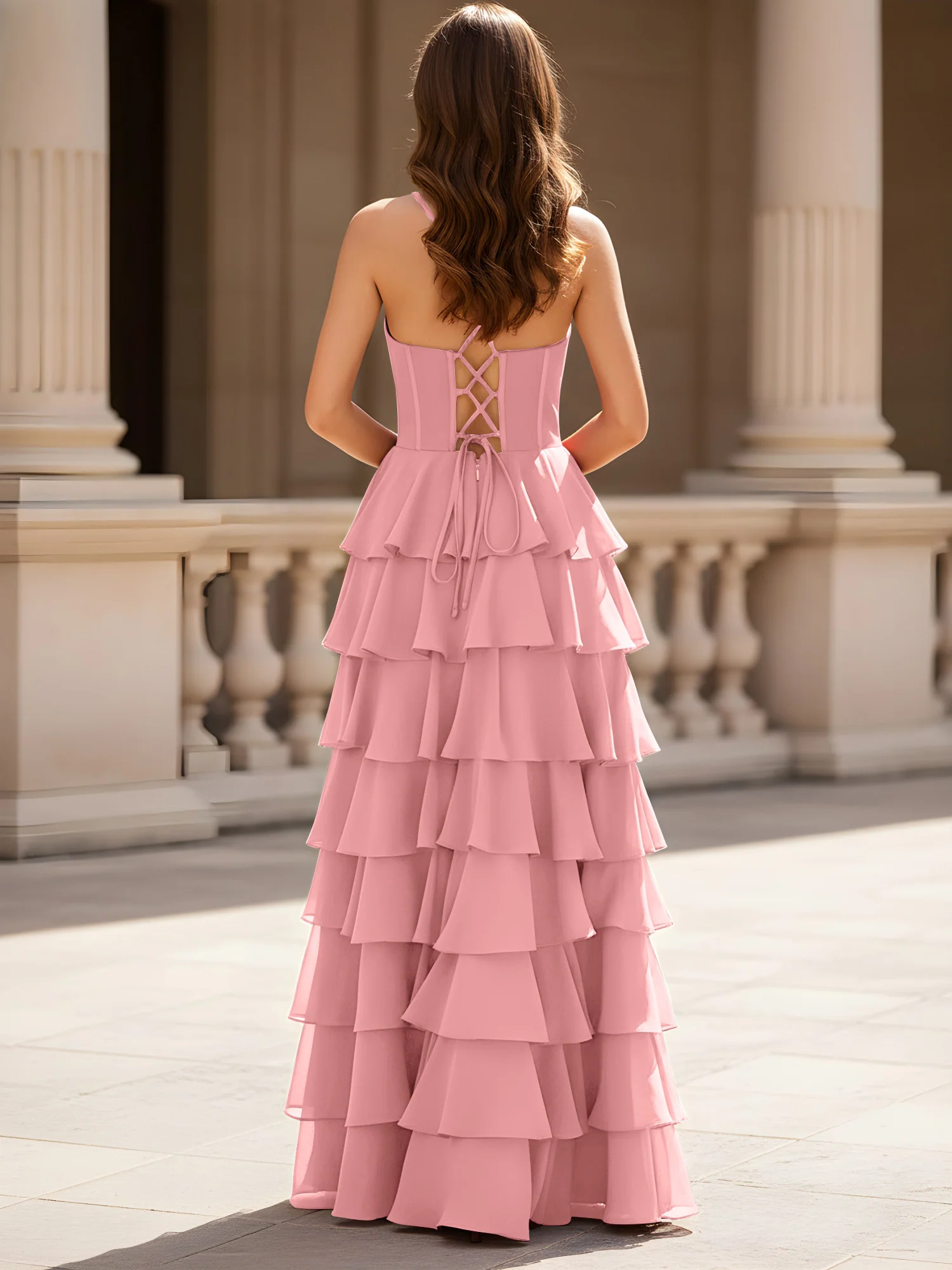 Sweetheart Neck A-Line Tiered Chiffon Slit Dress Flamingo - Image 2