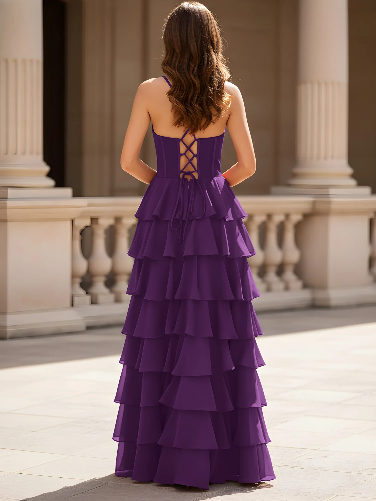 Sweetheart Neck A-Line Tiered Chiffon Slit Dress Grape - Image 2