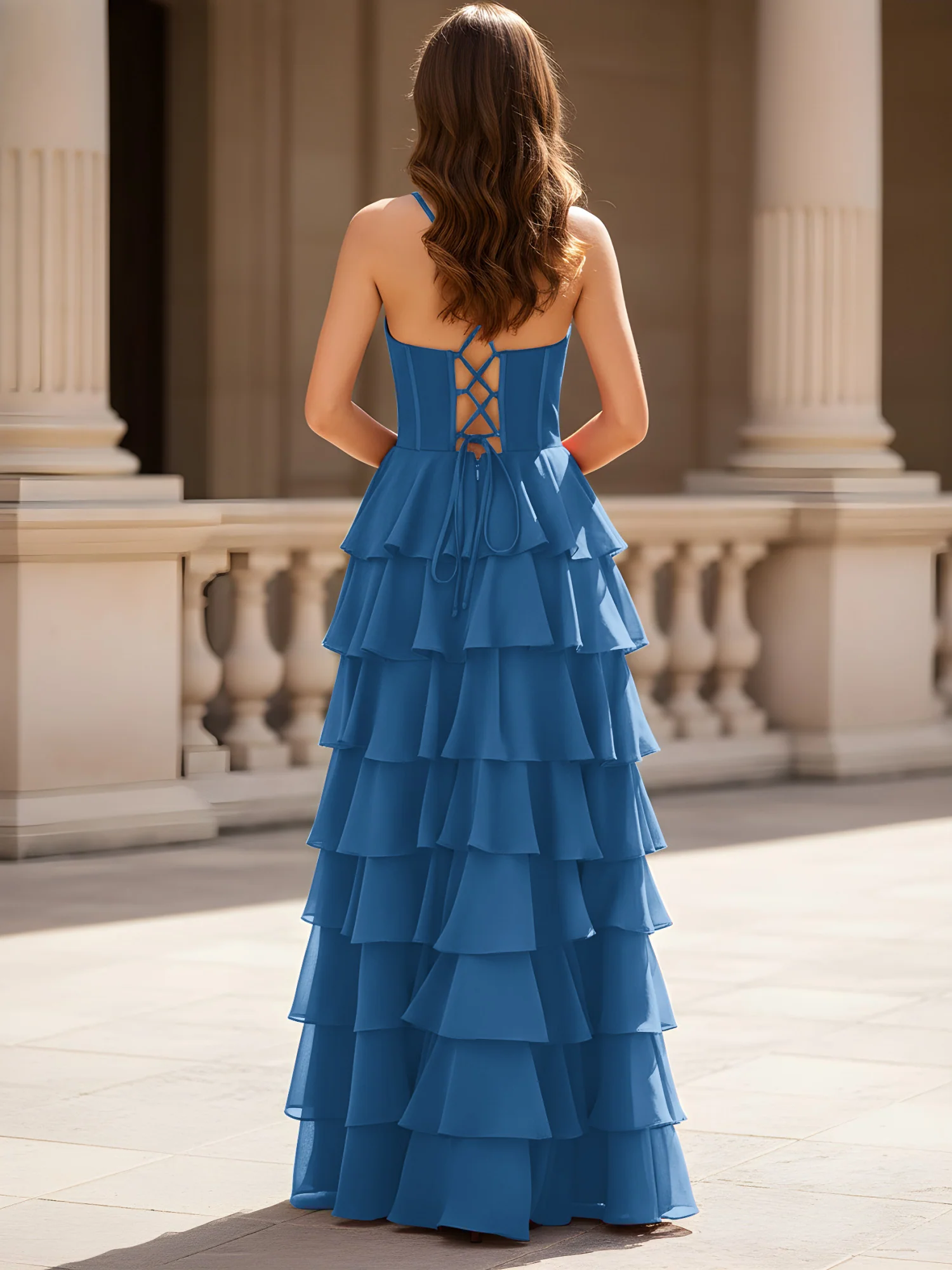 Sweetheart Neck A-Line Tiered Chiffon Slit Dress Ink Blue - Image 2