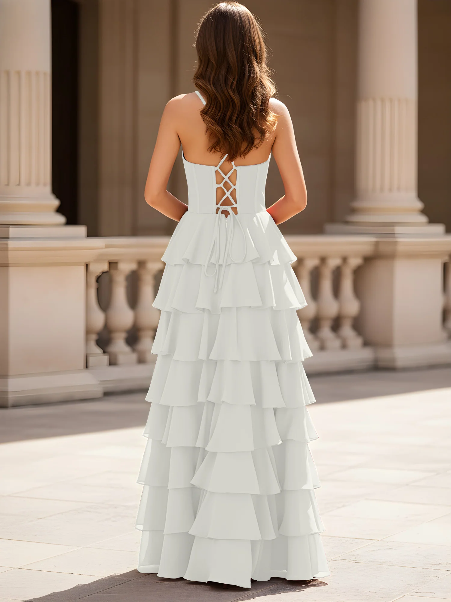 Sweetheart Neck A-Line Tiered Chiffon Slit Dress Ivory - Image 2