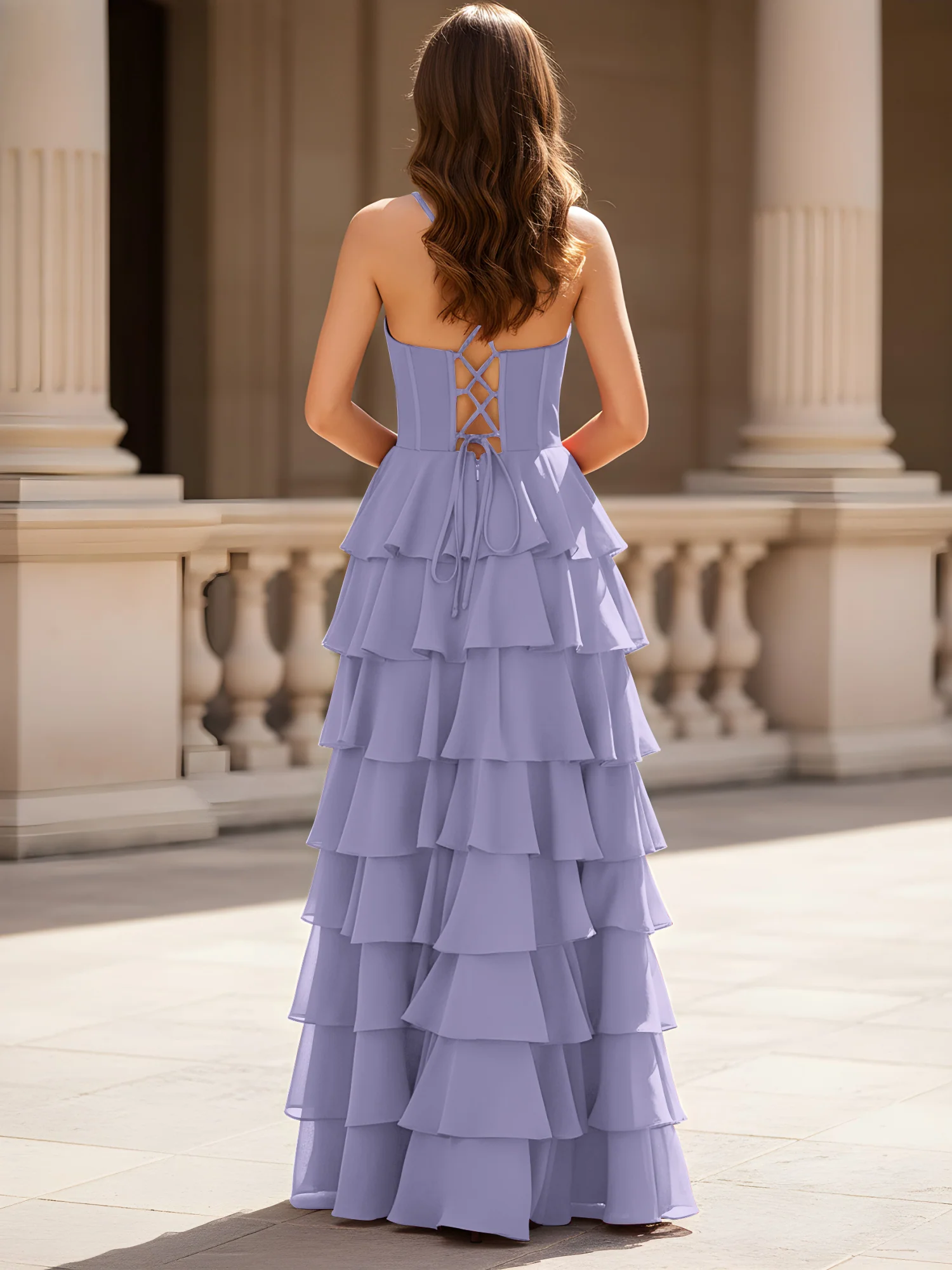 Sweetheart Neck A-Line Tiered Chiffon Slit Dress Lavender - Image 2