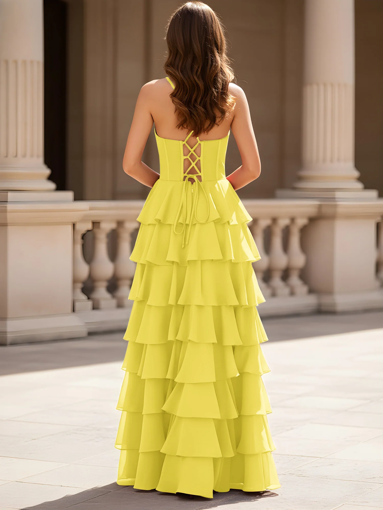 Sweetheart Neck A-Line Tiered Chiffon Slit Dress Lemon - Image 2