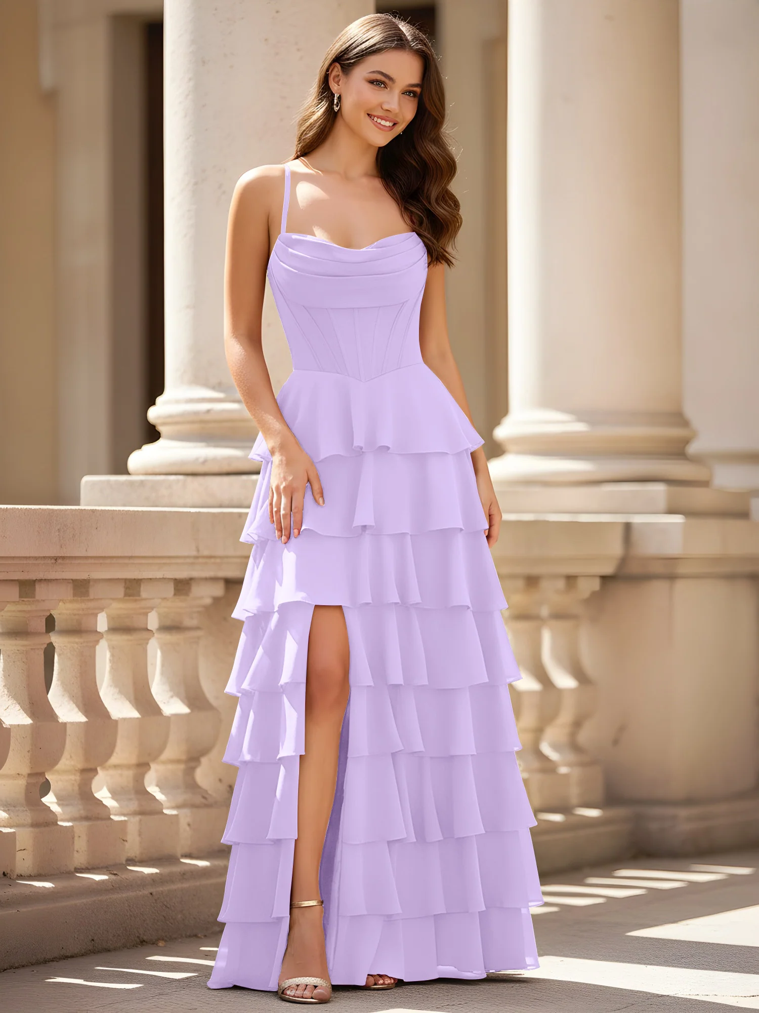 Sweetheart Neck A-Line Tiered Chiffon Slit Dress Lilac