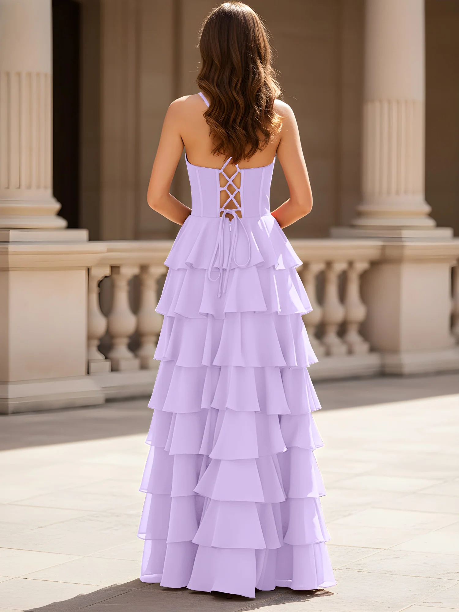 Sweetheart Neck A-Line Tiered Chiffon Slit Dress Lilac - Image 2