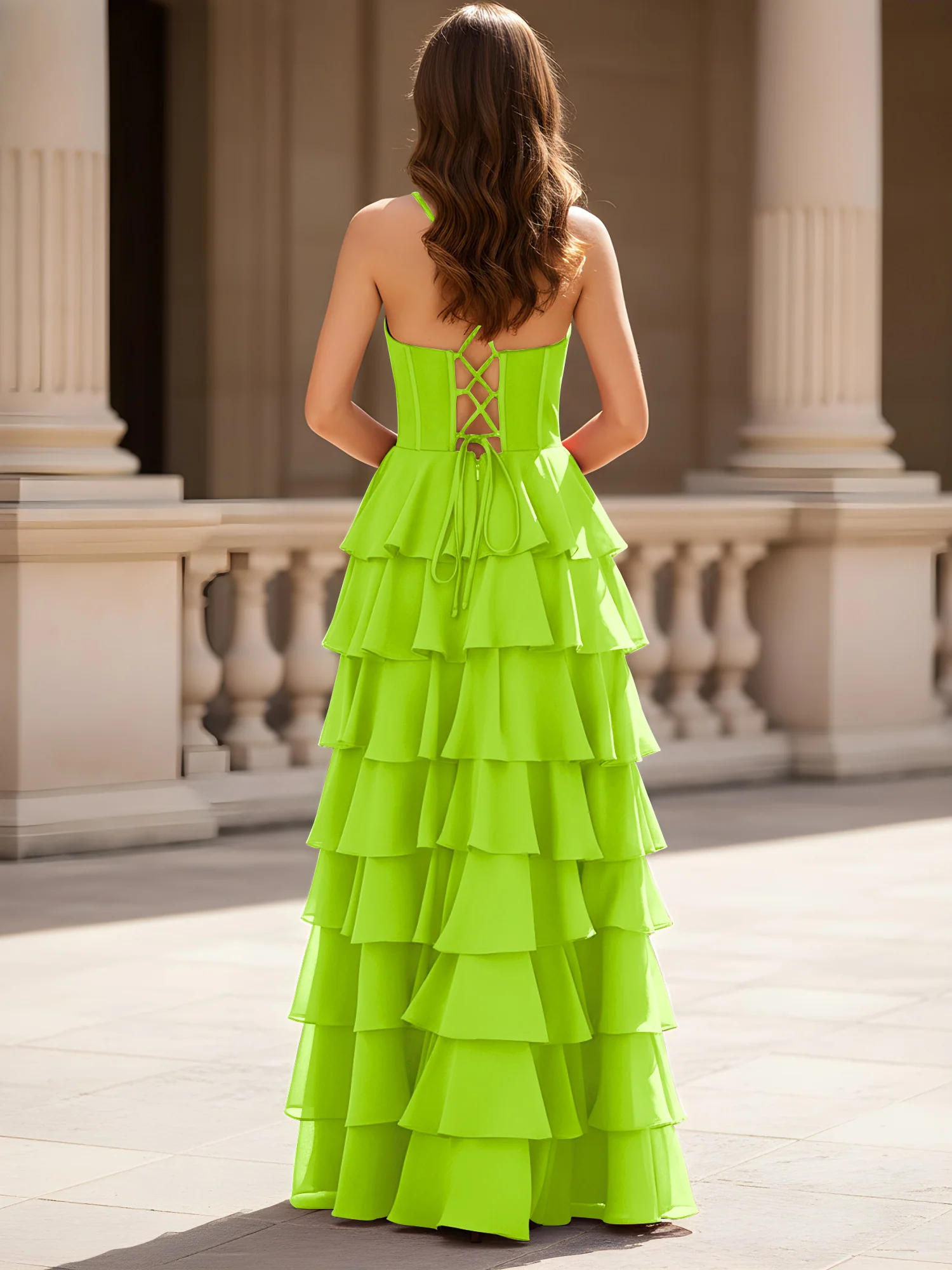 Sweetheart Neck A-Line Tiered Chiffon Slit Dress Lime Green - Image 2