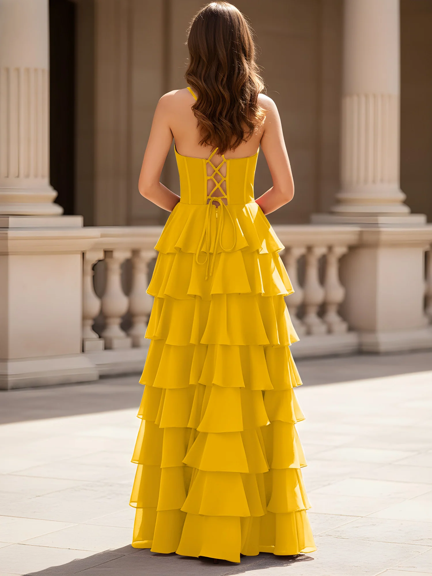 Sweetheart Neck A-Line Tiered Chiffon Slit Dress Marigold - Image 2