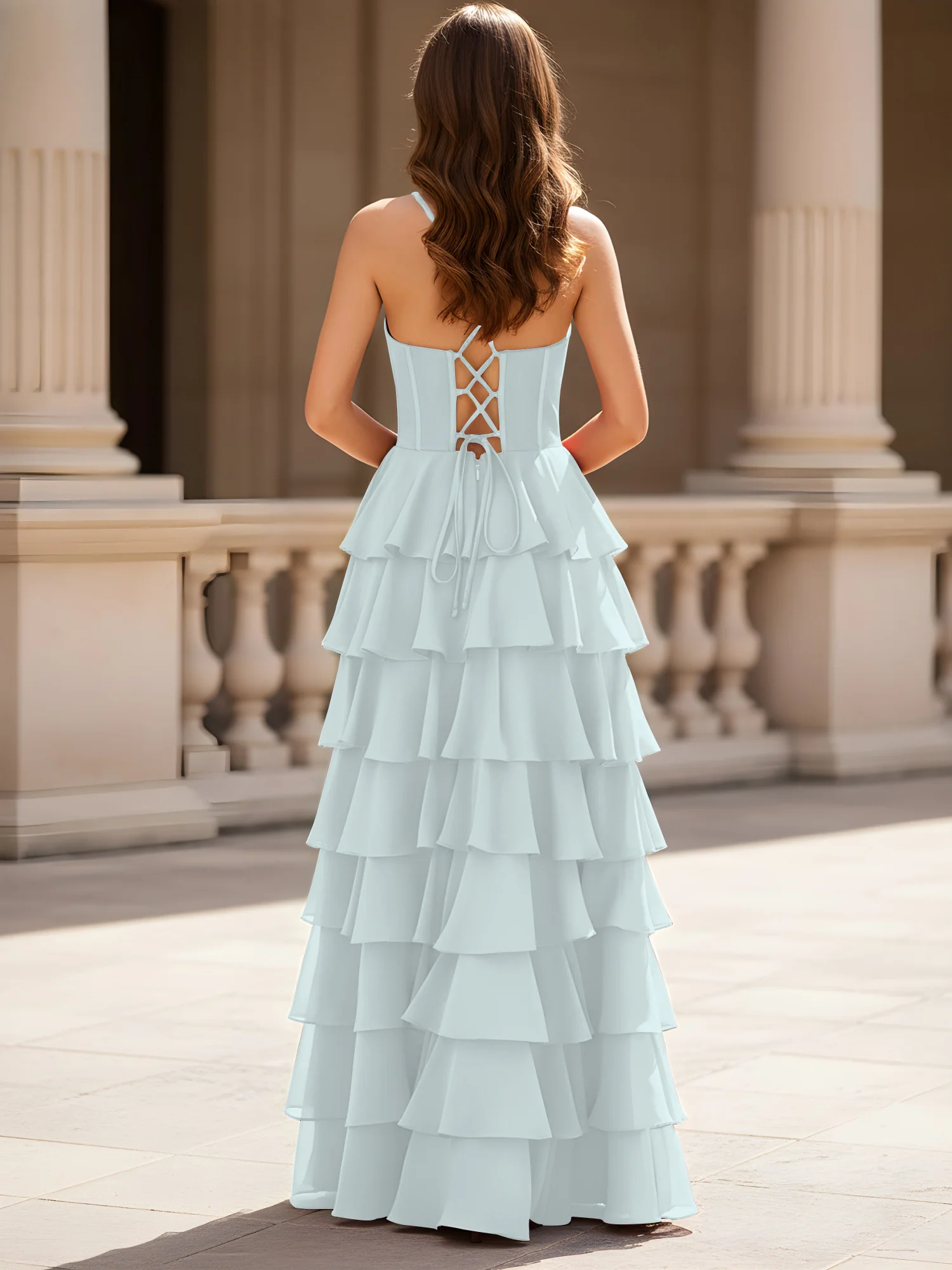 Sweetheart Neck A-Line Tiered Chiffon Slit Dress Mist - Image 2