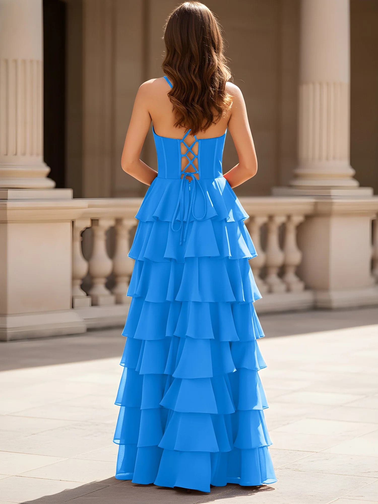 Sweetheart Neck A-Line Tiered Chiffon Slit Dress Ocean Blue - Image 2