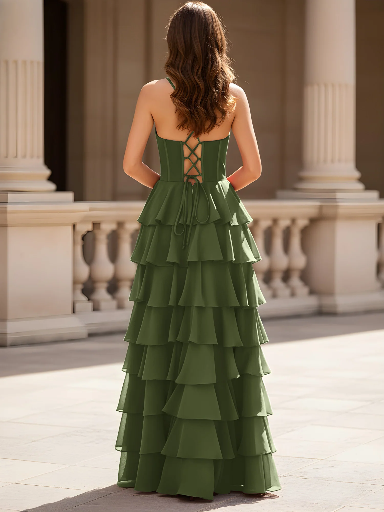 Sweetheart Neck A-Line Tiered Chiffon Slit Dress Olive Green - Image 2