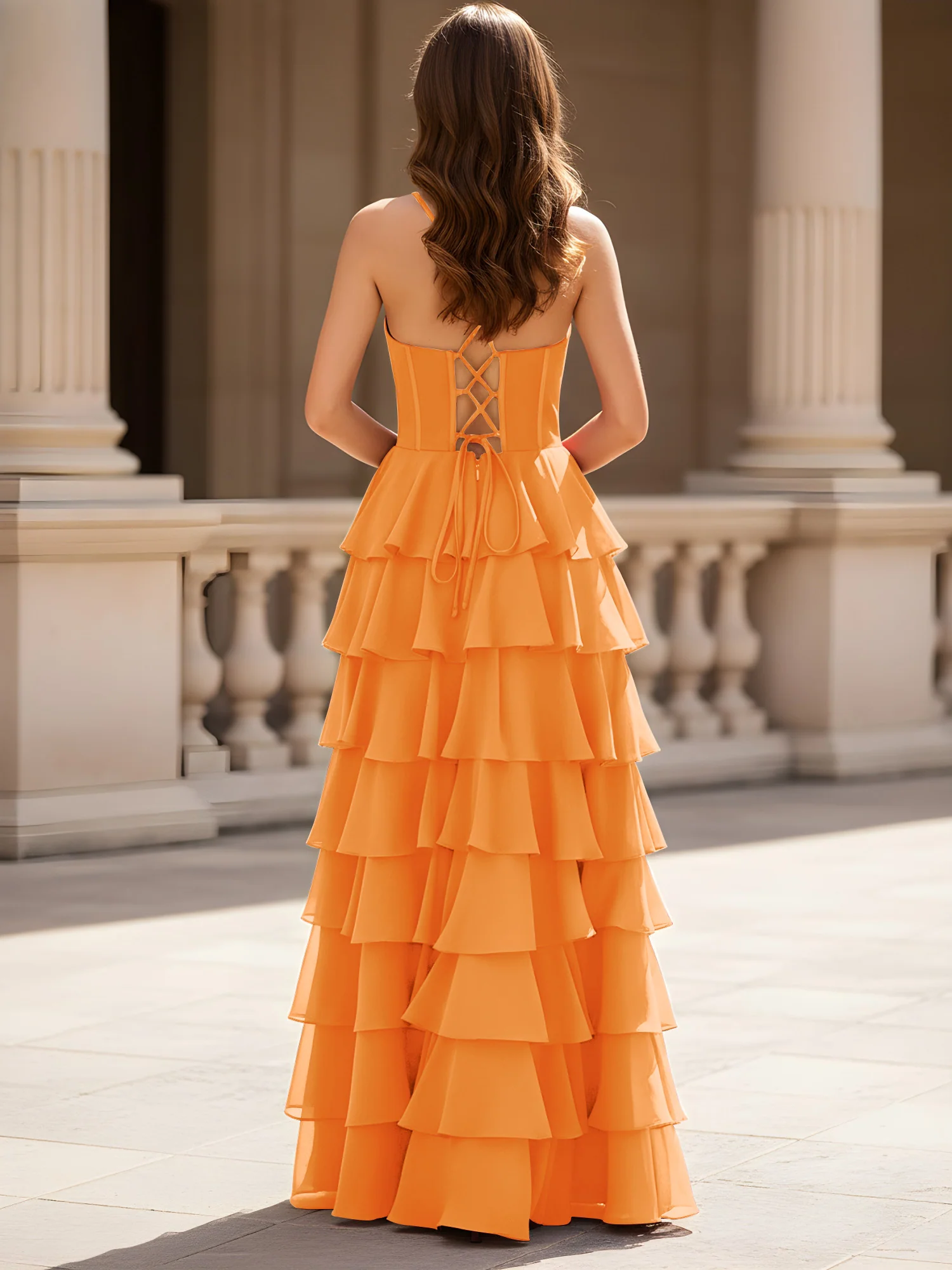 Sweetheart Neck A-Line Tiered Chiffon Slit Dress Orange - Image 2