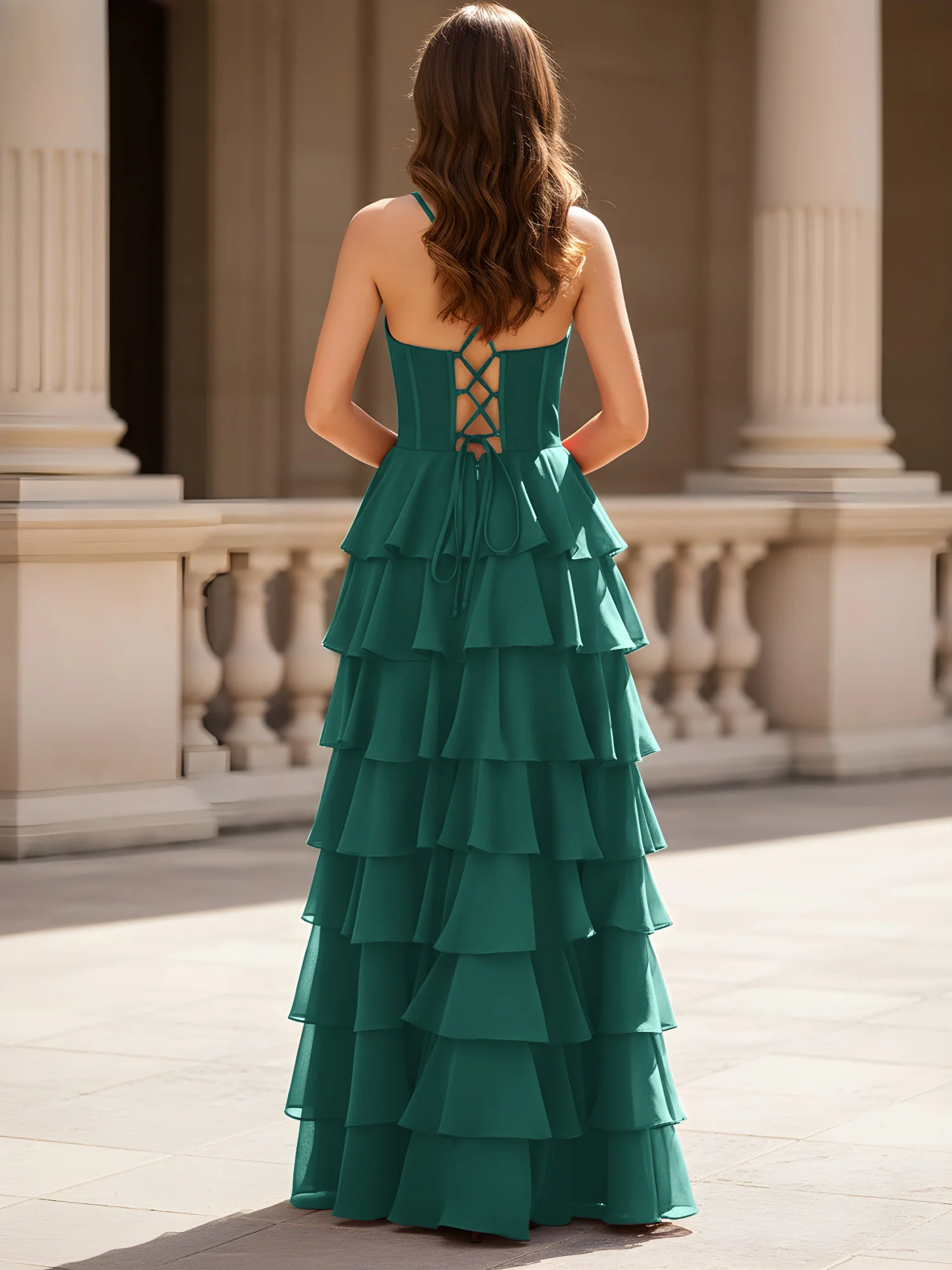 Sweetheart Neck A-Line Tiered Chiffon Slit Dress Peacock - Image 2