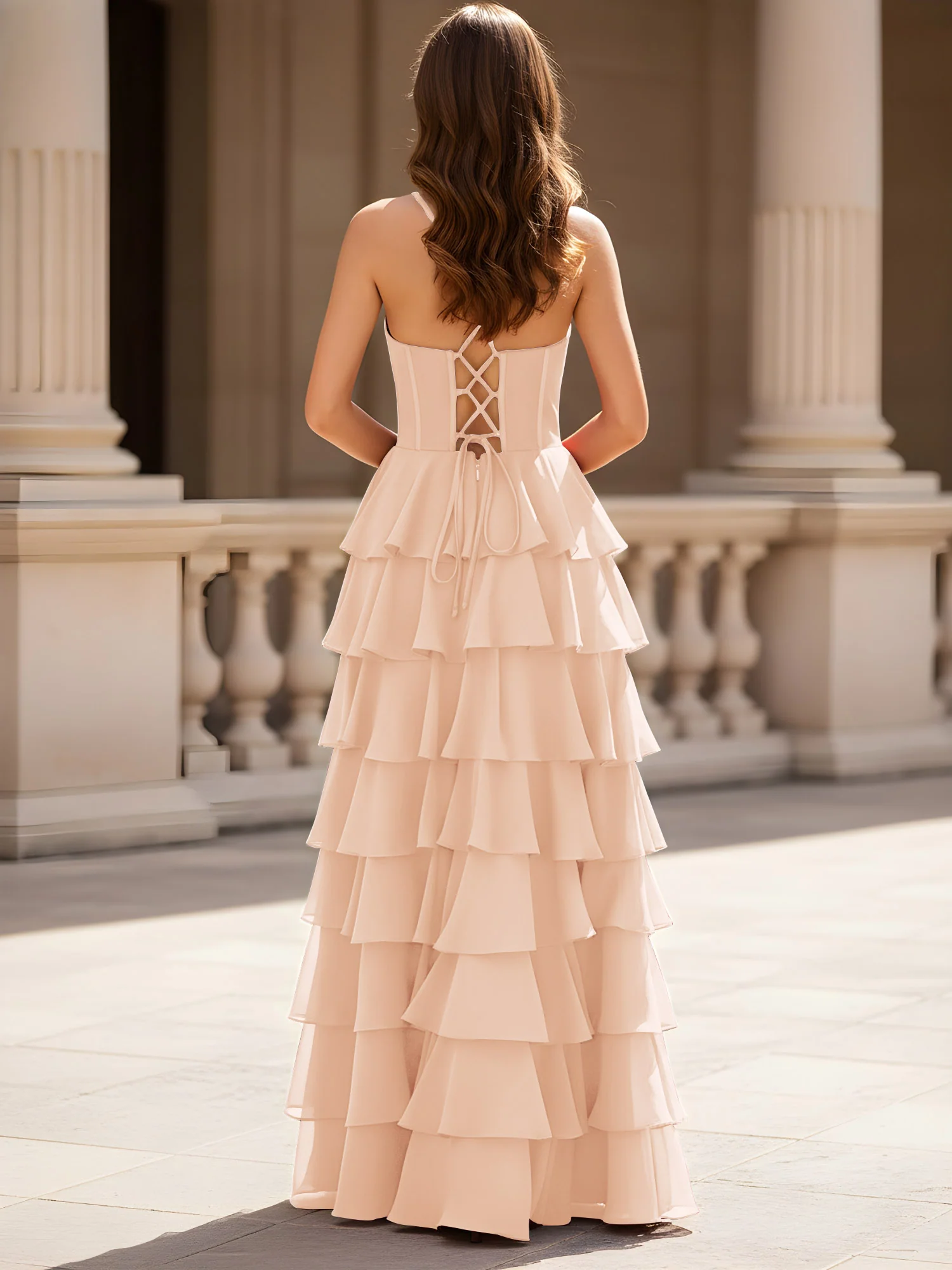 Sweetheart Neck A-Line Tiered Chiffon Slit Dress Pearl Pink - Image 2