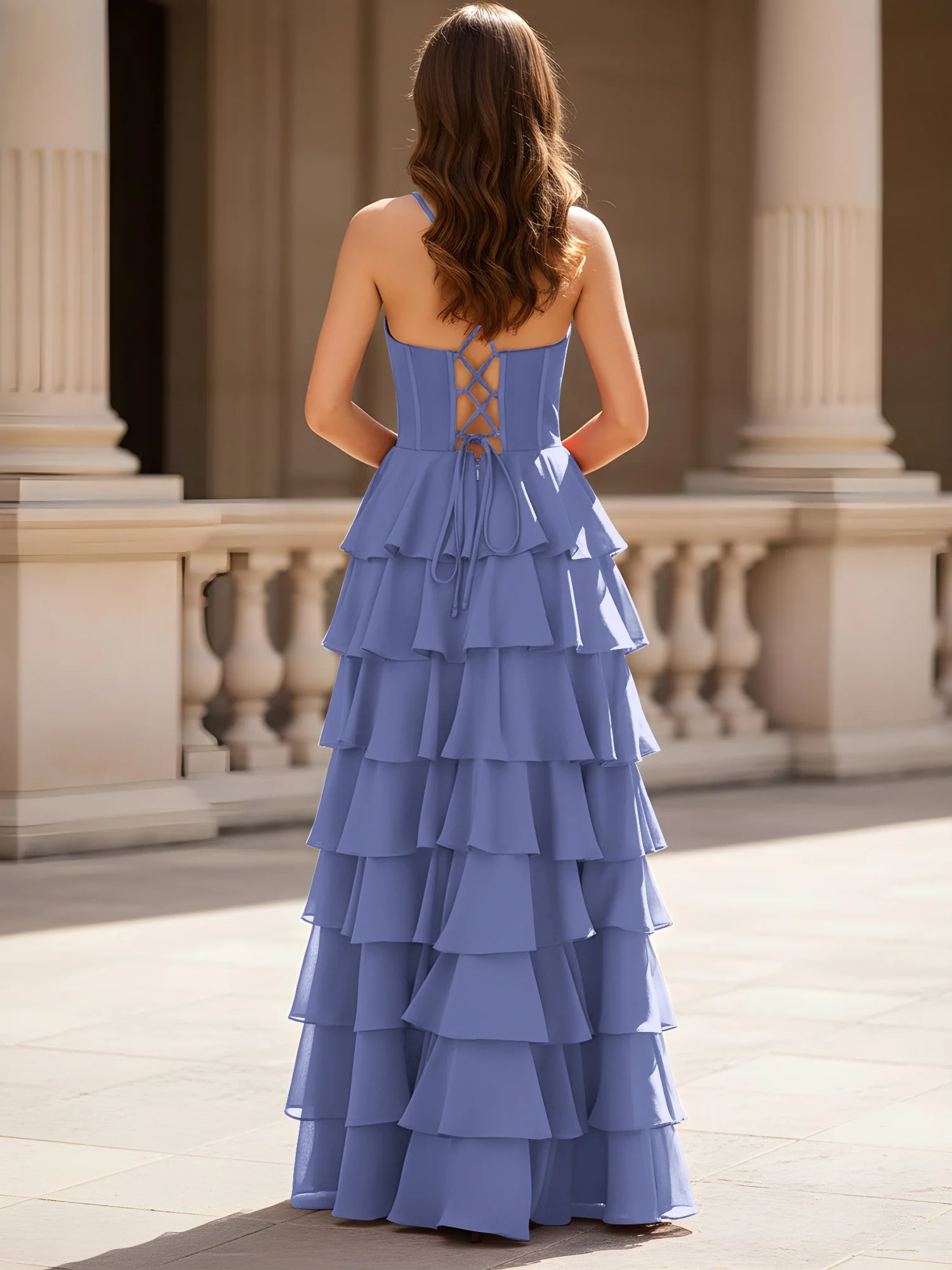 Sweetheart Neck A-Line Tiered Chiffon Slit Dress Periwinkle - Image 2