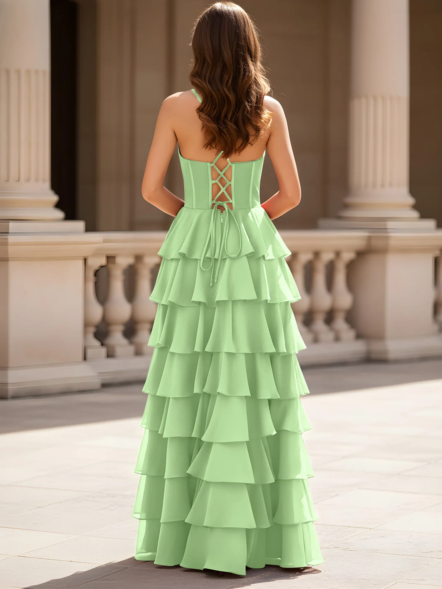 Sweetheart Neck A-Line Tiered Chiffon Slit Dress Sage - Image 2