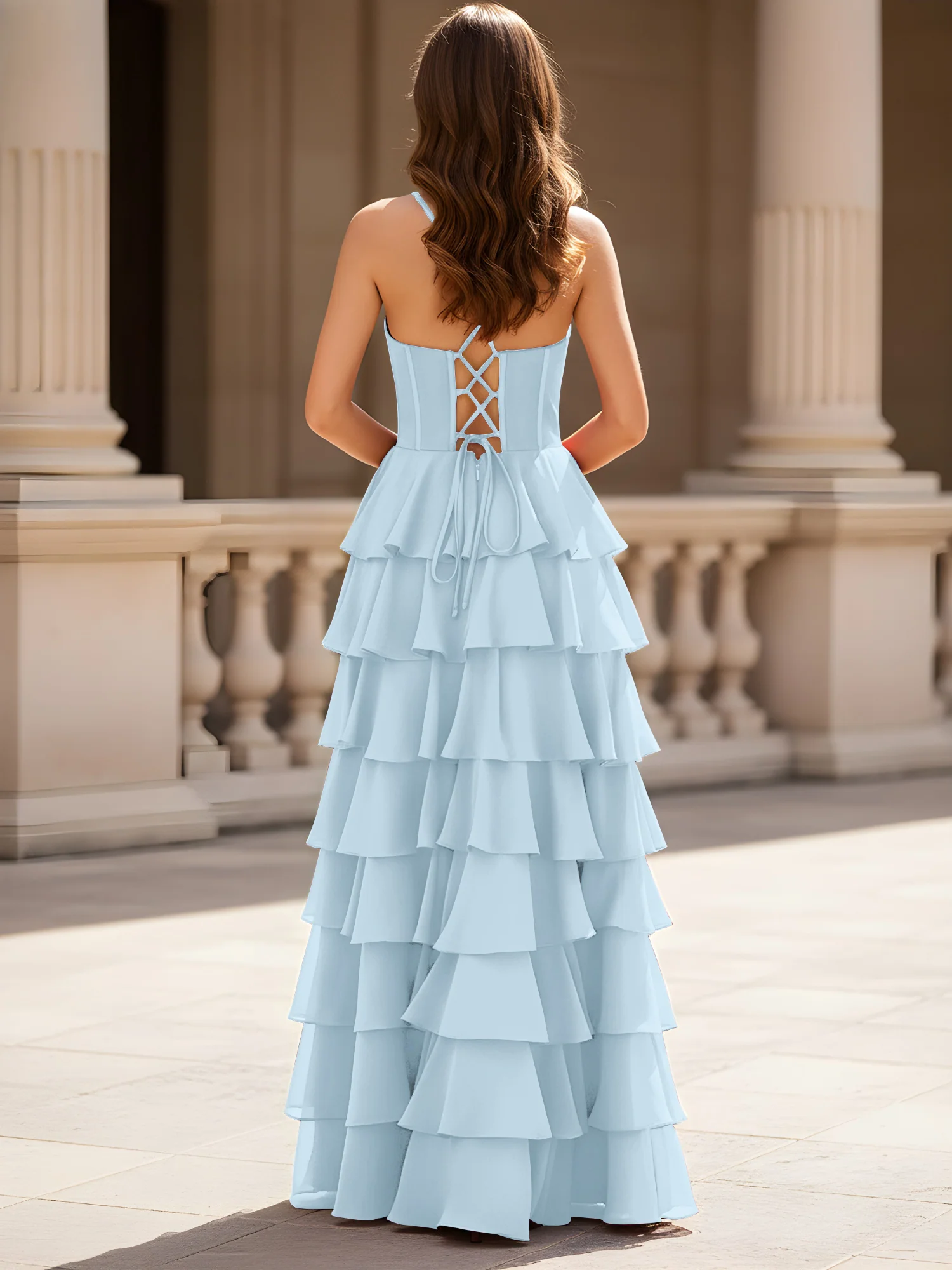 Sweetheart Neck A-Line Tiered Chiffon Slit Dress Sky Blue - Image 2