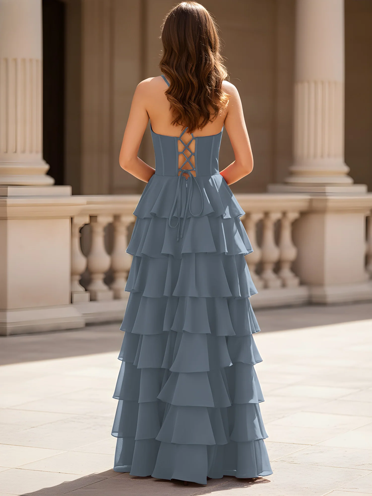 Sweetheart Neck A-Line Tiered Chiffon Slit Dress Slate Blue - Image 2