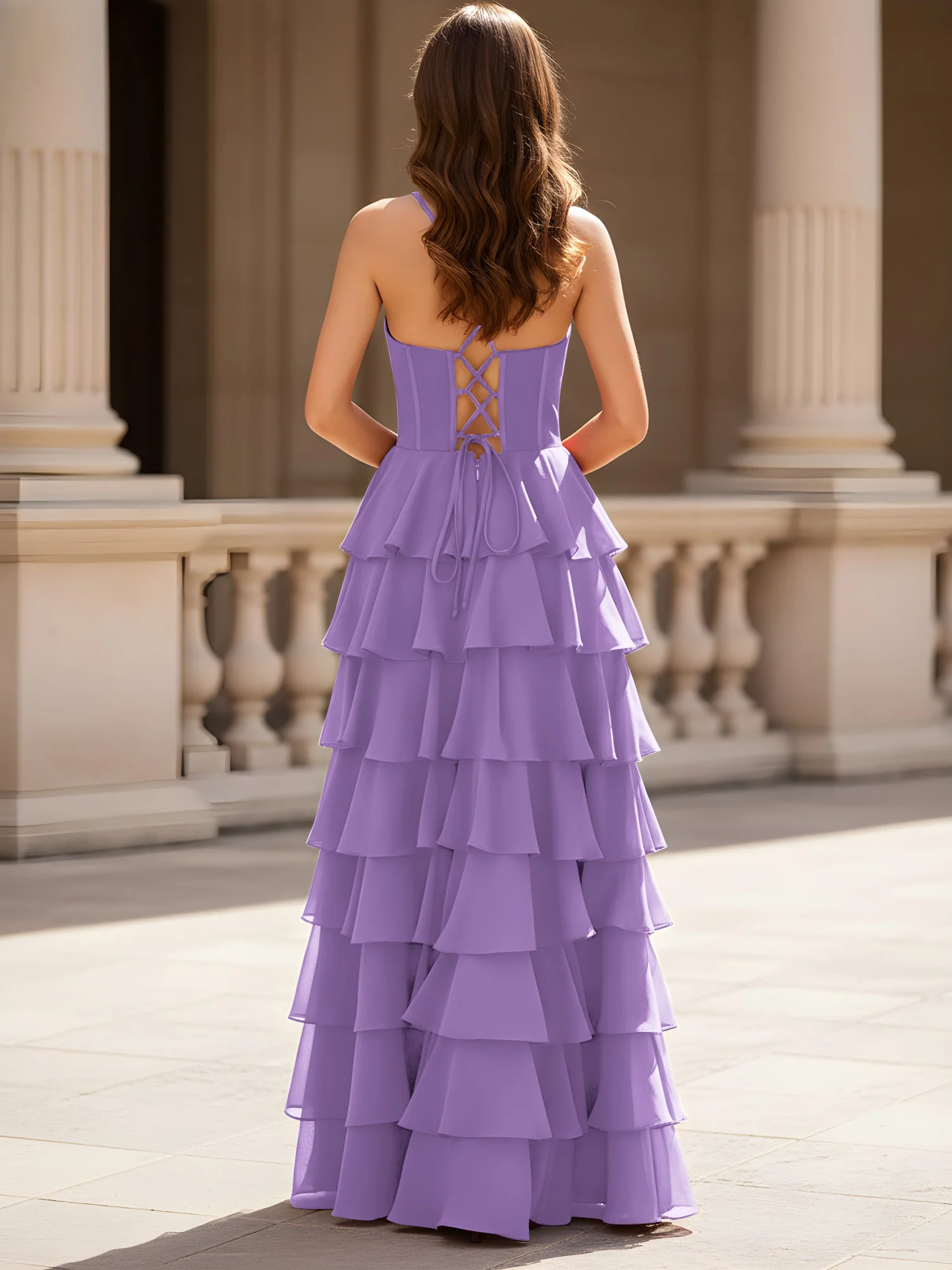 Sweetheart Neck A-Line Tiered Chiffon Slit Dress Tahiti - Image 2