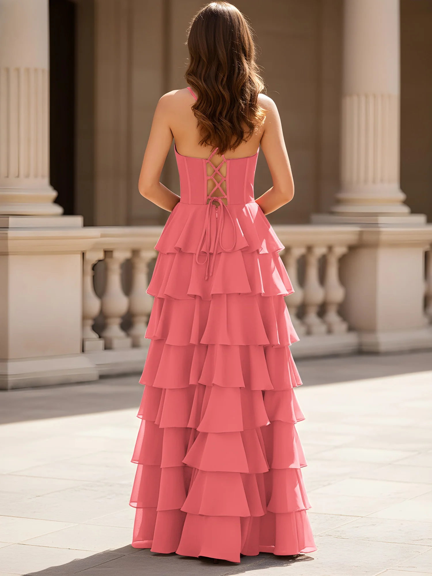 Sweetheart Neck A-Line Tiered Chiffon Slit Dress Watermelon - Image 2