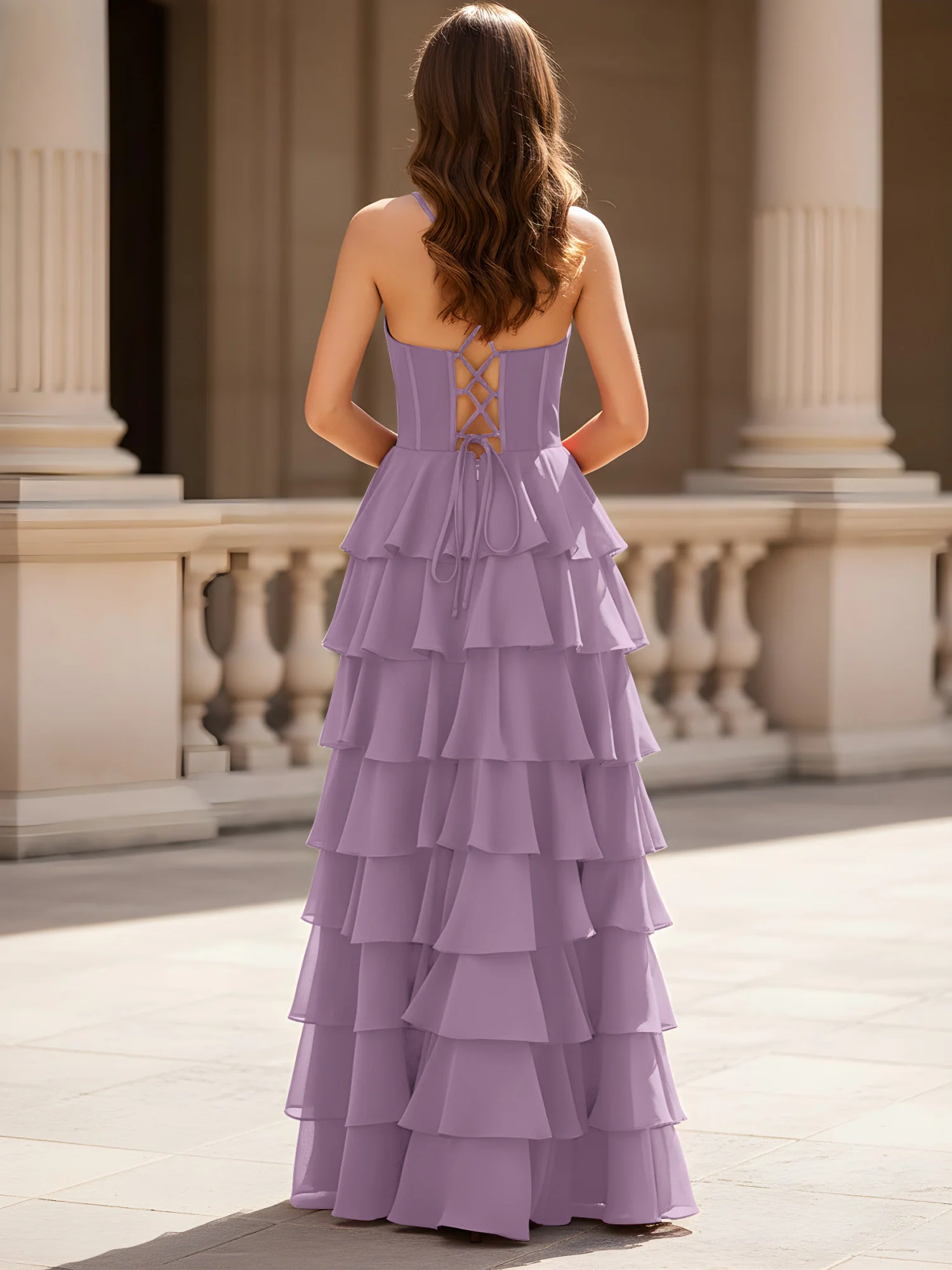Sweetheart Neck A-Line Tiered Chiffon Slit Dress Wisteria - Image 2
