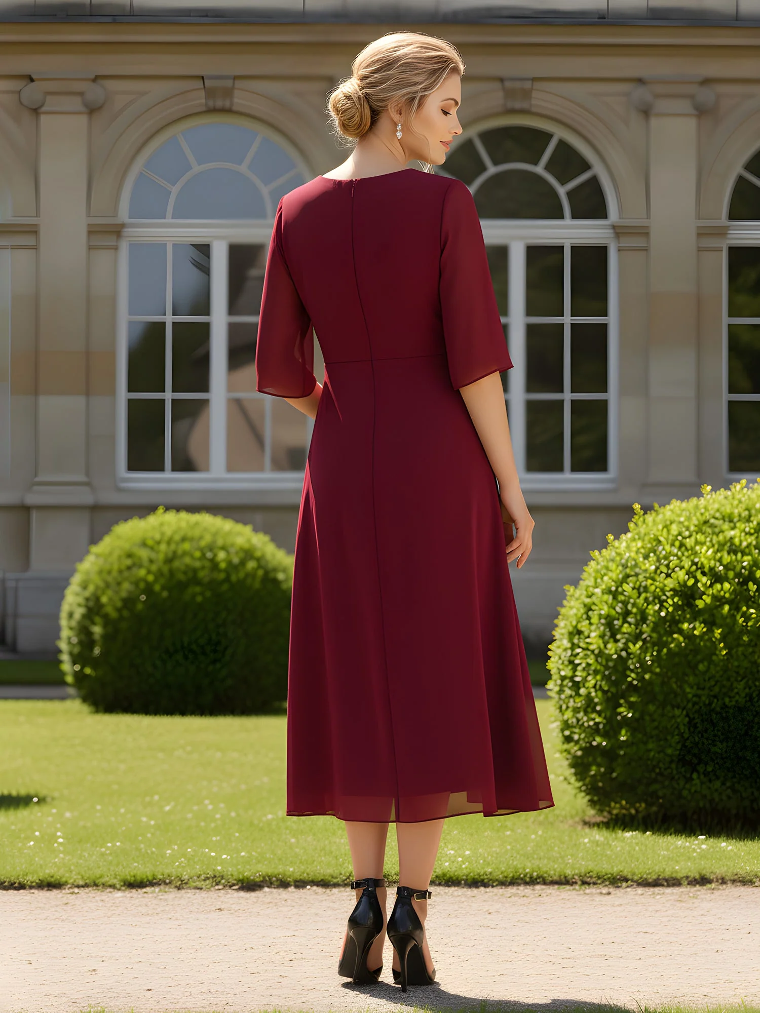 Square Neck Chiffon A-Line Tea-Length Dress with Jacket Champagne - Image 2
