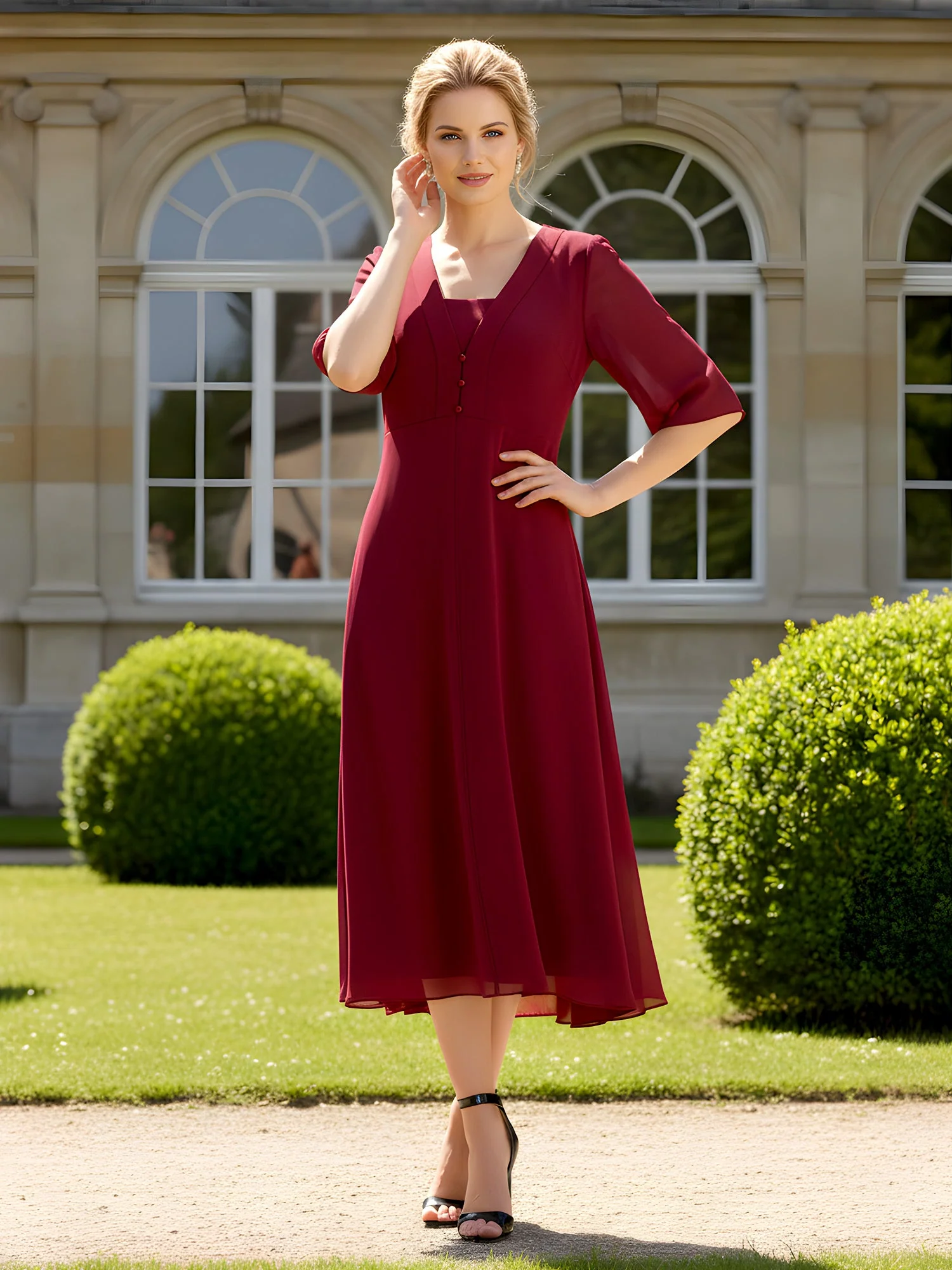 Square Neck Chiffon A-Line Tea-Length Dress with Jacket Sky Blue