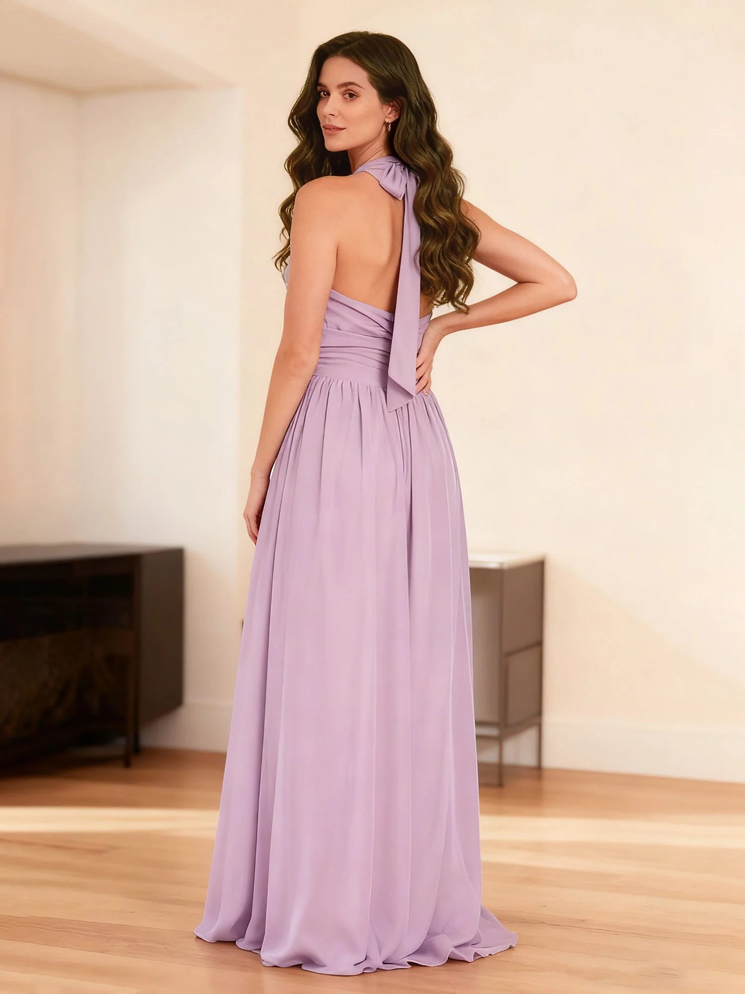 Halter Neck Pleated Ruffles Chiffon A-Line Dress White - Image 2