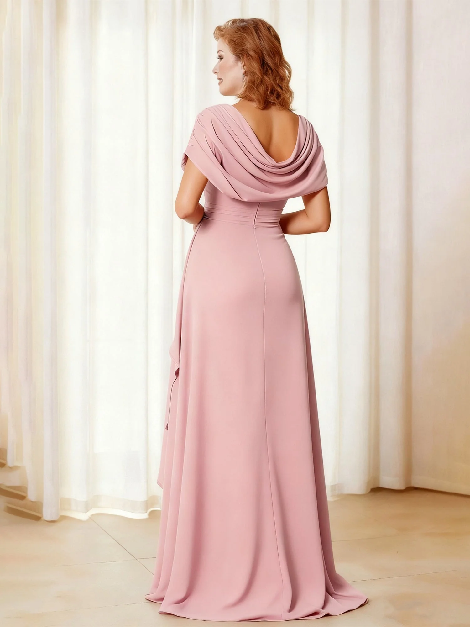 Cowl Neck A-Line Chiffon Ruffle Long Dress With Slit Chocolate - Image 2