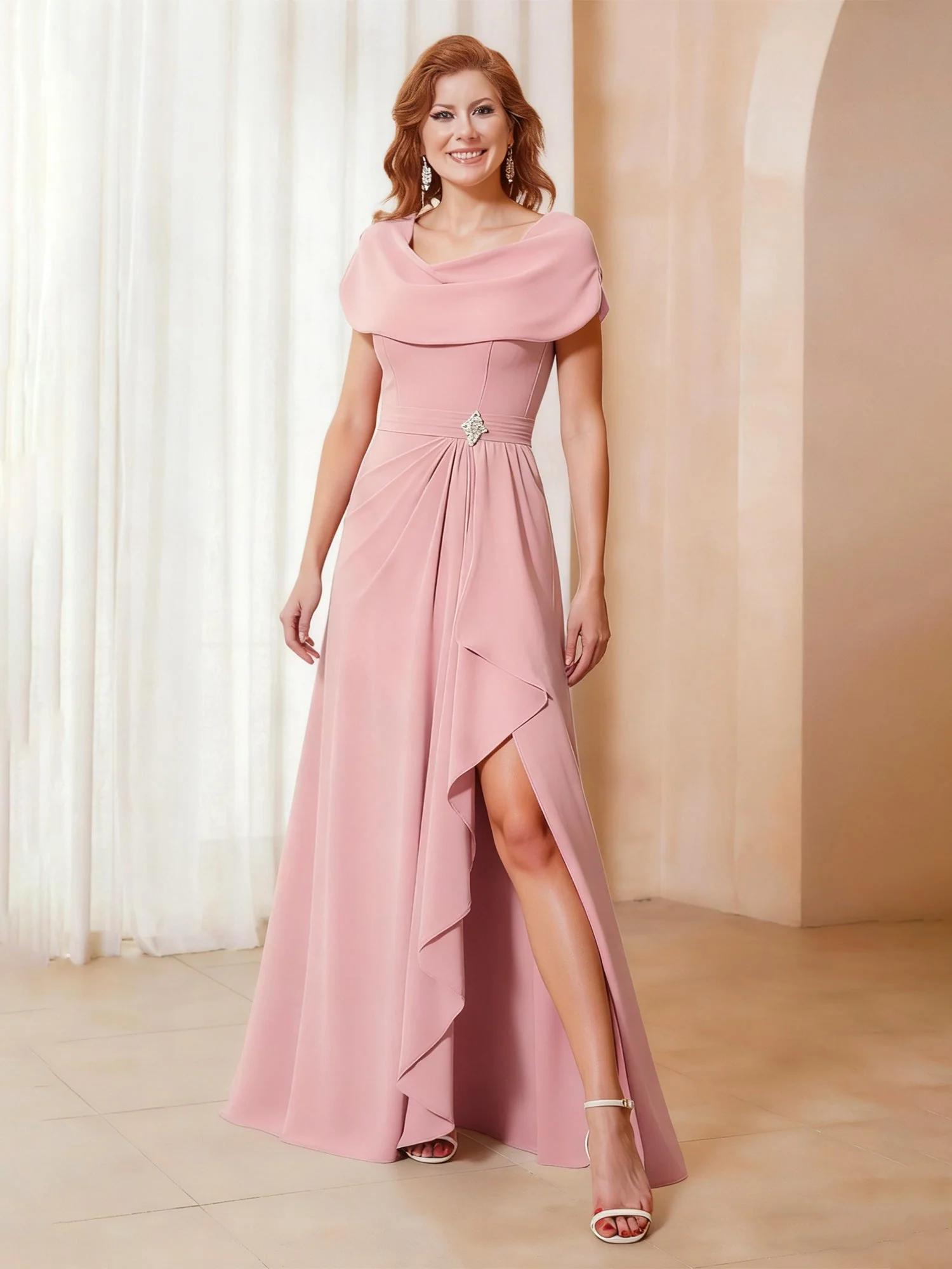 Cowl Neck A-Line Chiffon Ruffle Long Dress With Slit Dark Navy