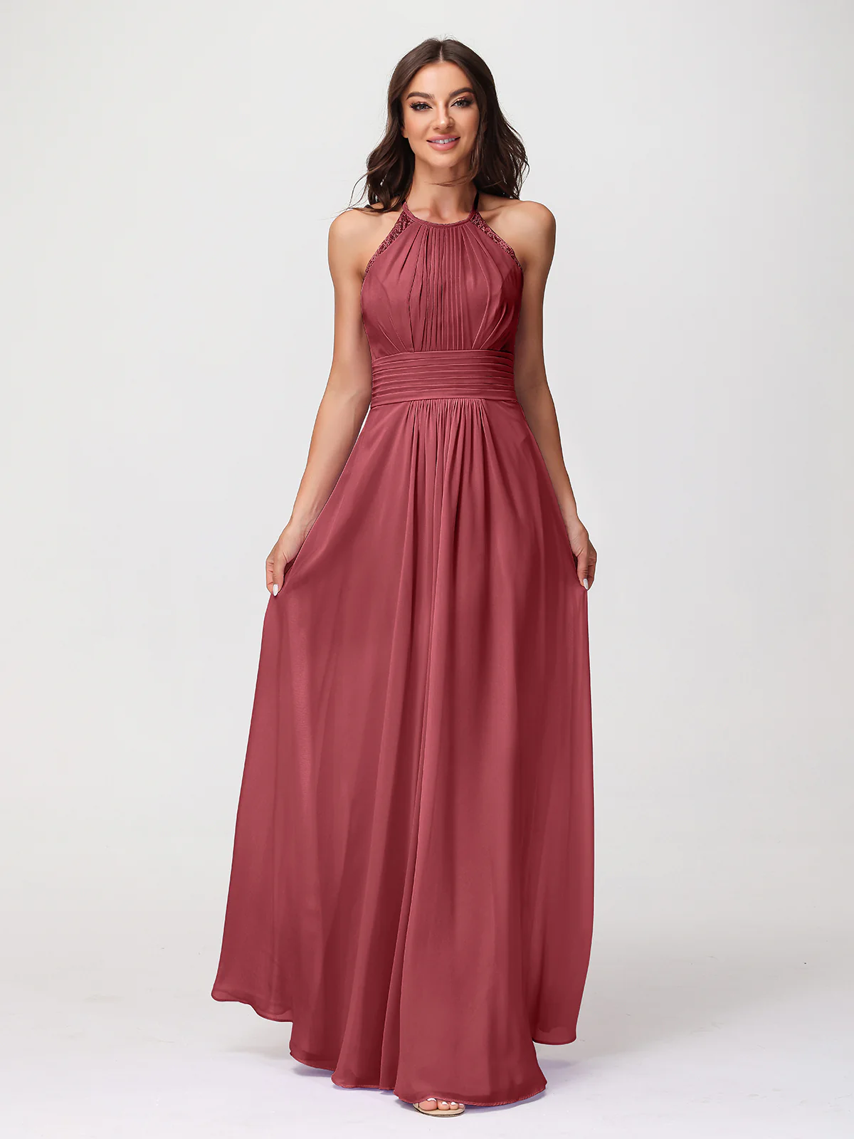 Halter Chiffon Long Gown With Lace Strap Cinnamon Rose