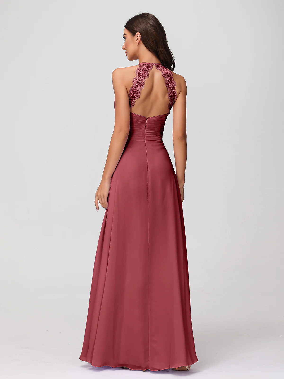 Halter Chiffon Long Gown With Lace Strap Cinnamon Rose - Image 2