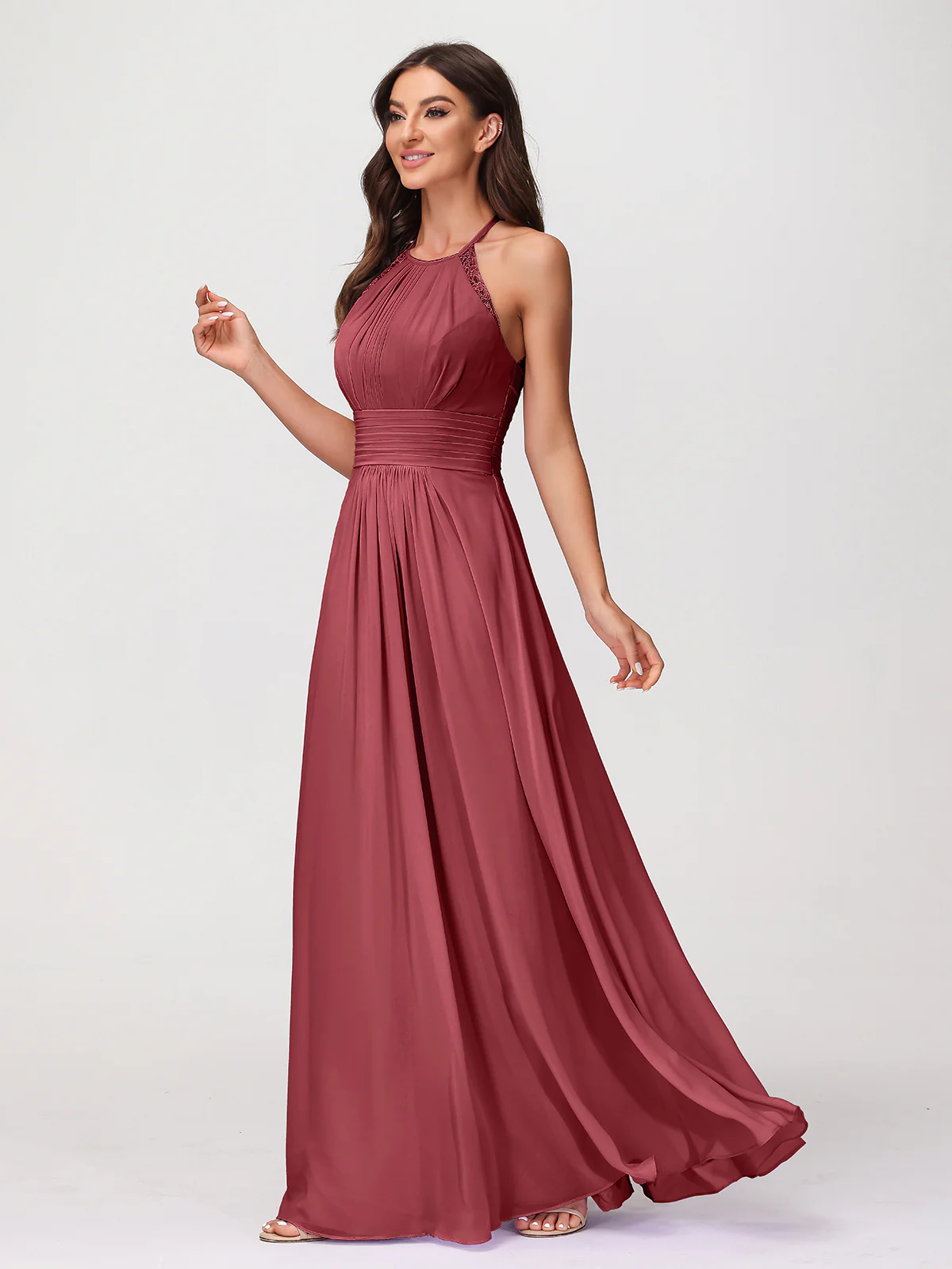 Halter Chiffon Long Gown With Lace Strap Cinnamon Rose - Image 3