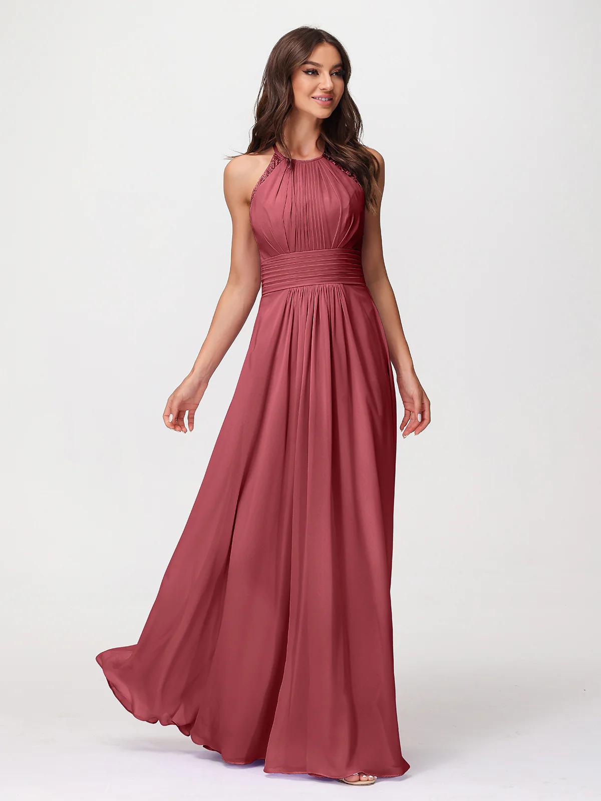 Halter Chiffon Long Gown With Lace Strap Cinnamon Rose - Image 4