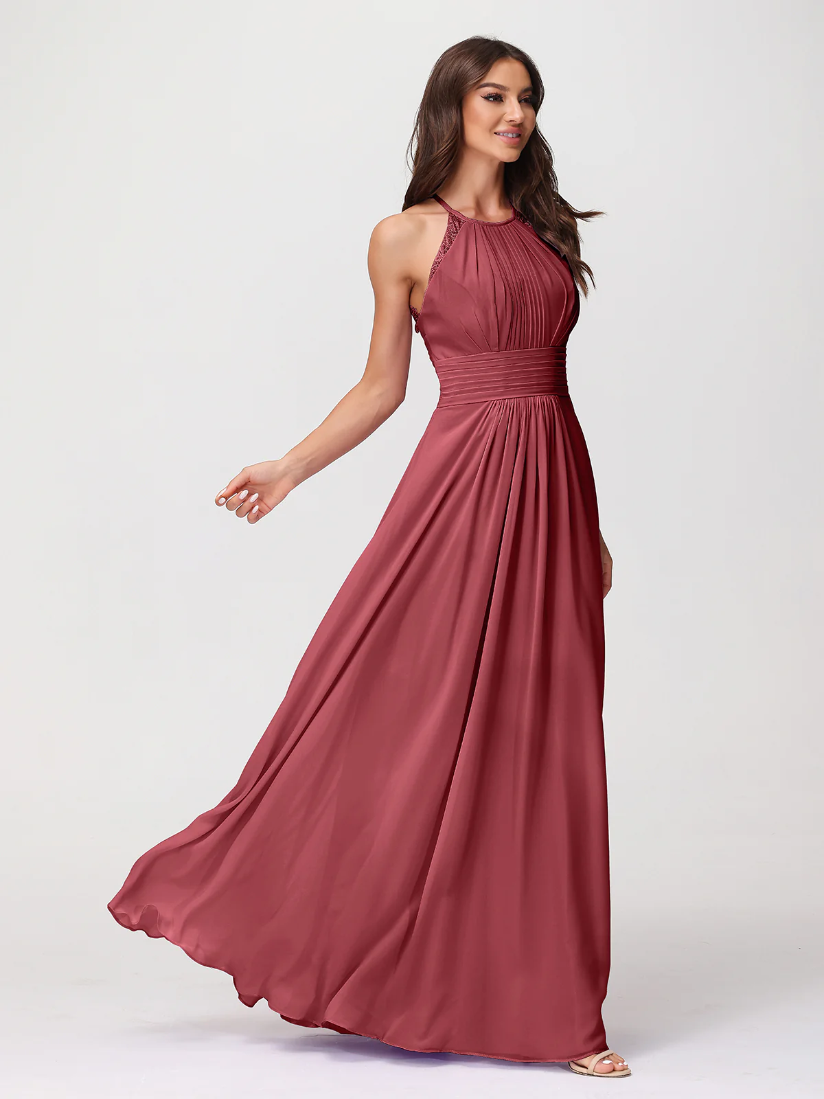 Halter Chiffon Long Gown With Lace Strap Cinnamon Rose - Image 5