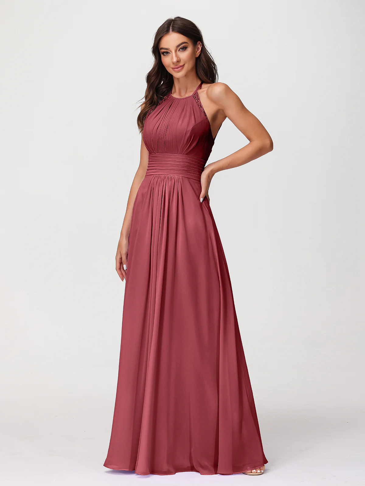 Halter Chiffon Long Gown With Lace Strap Cinnamon Rose - Image 6