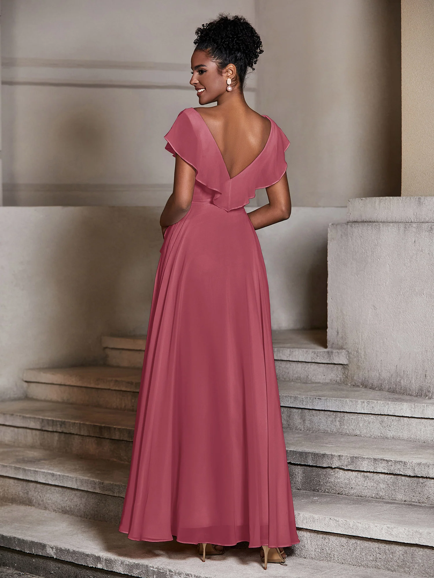 V neck Chiffon Dresses with Cap Sleeves Cinnamon Rose - Image 2