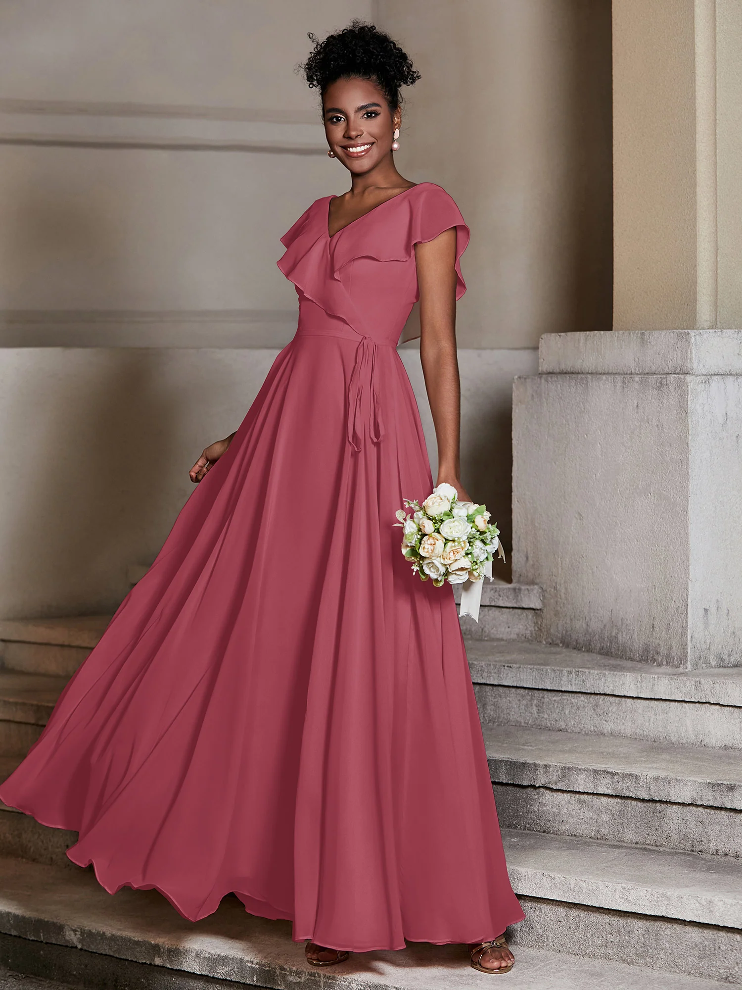 V neck Chiffon Dresses with Cap Sleeves Cinnamon Rose - Image 3
