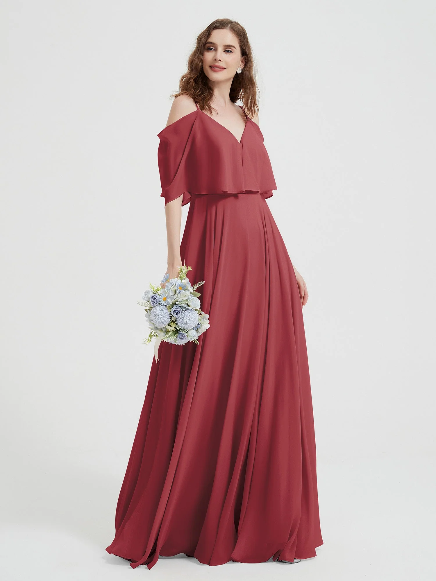 Ruffles Sleeves Spaghetti Strap Chiffon Dresses Cinnamon Rose