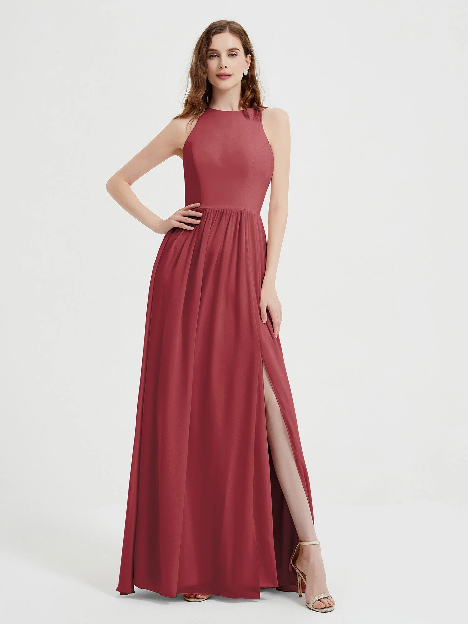 Halter Chiffon Simple Dress with Slit Cinnamon Rose
