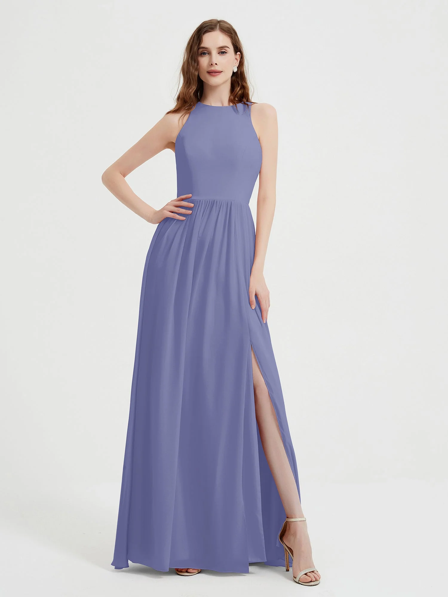 Halter Chiffon Simple Dress with Slit Periwinkle
