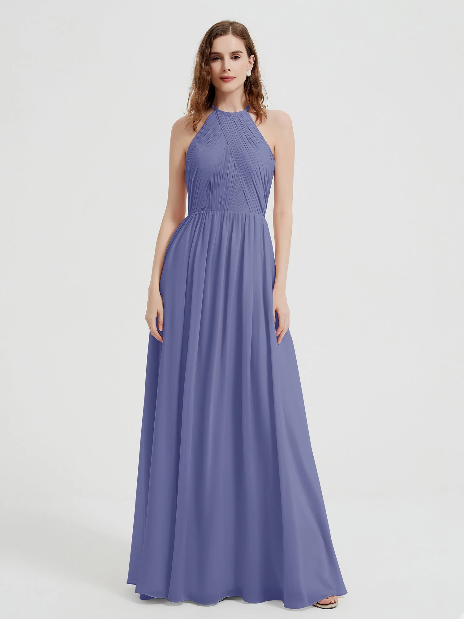Halter Chiffon Dresses with Pleated Bodice Periwinkle