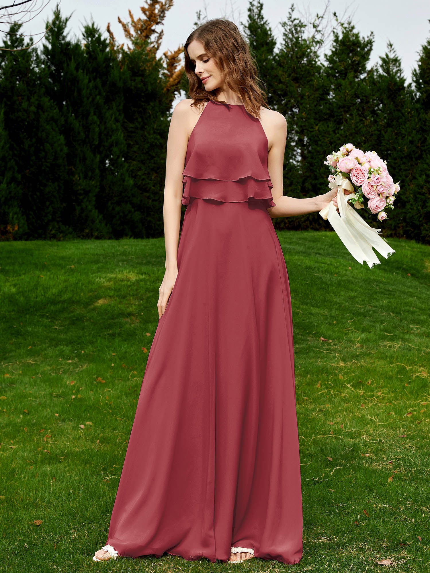 Two Layers Ruffles Bodice Chiffon Dresses Cinnamon Rose
